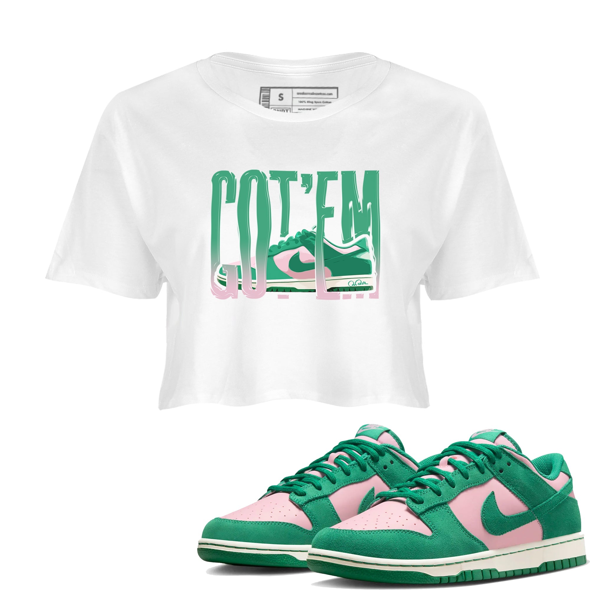 Dunk Low Medium Soft Pink Malachite shirt to match jordans Wiggling Gotem sneaker tees Dunk Medium Soft Pink Malachite Drip Gear Zone White 1 crop length shirt