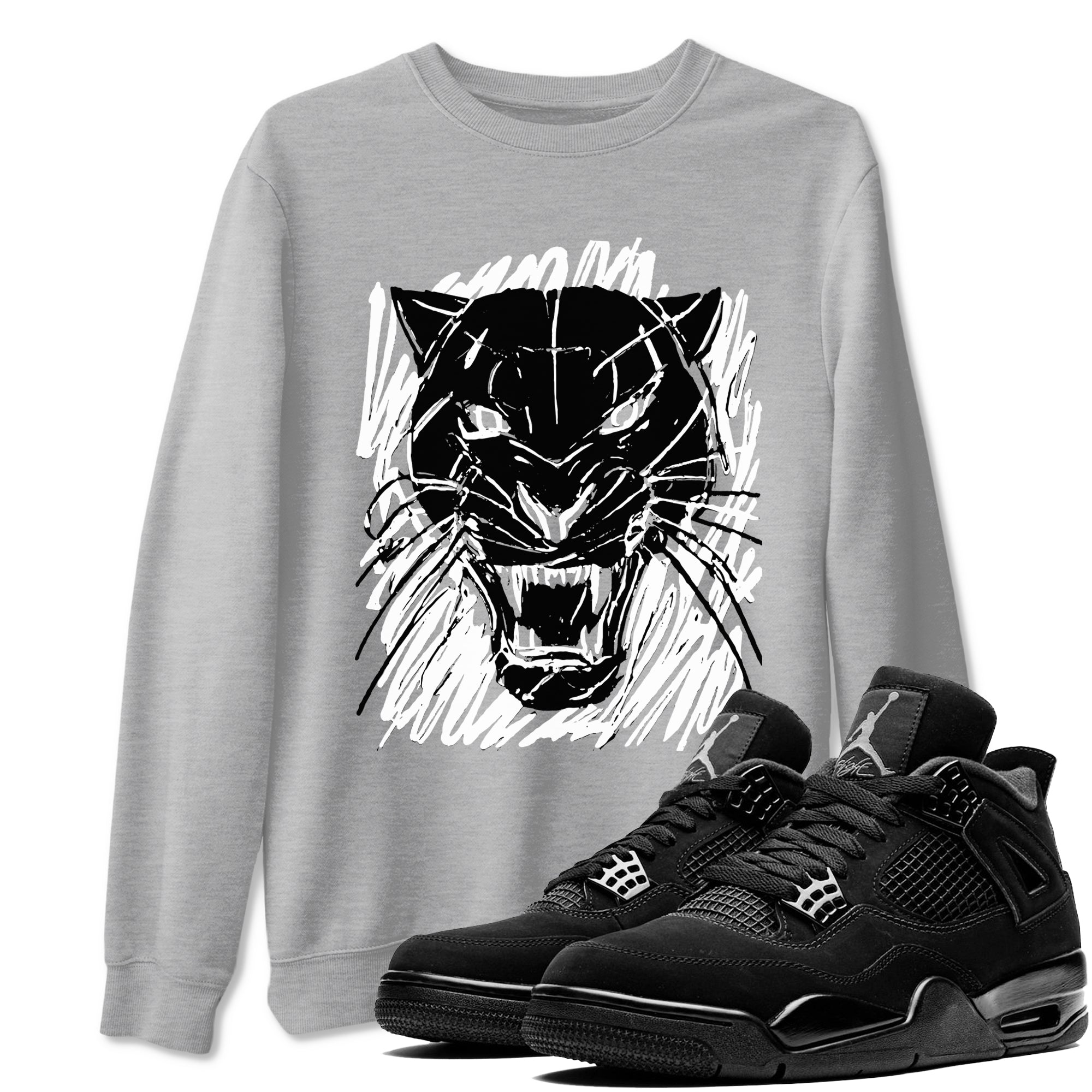4s Black Cat shirts to match jordans Wild Cat Doodle sneaker match tees Air Jordan 4 Retro Black Cat match shoes to clothes Drip Gear Zone unisex cotton Heather Grey 1 shirts