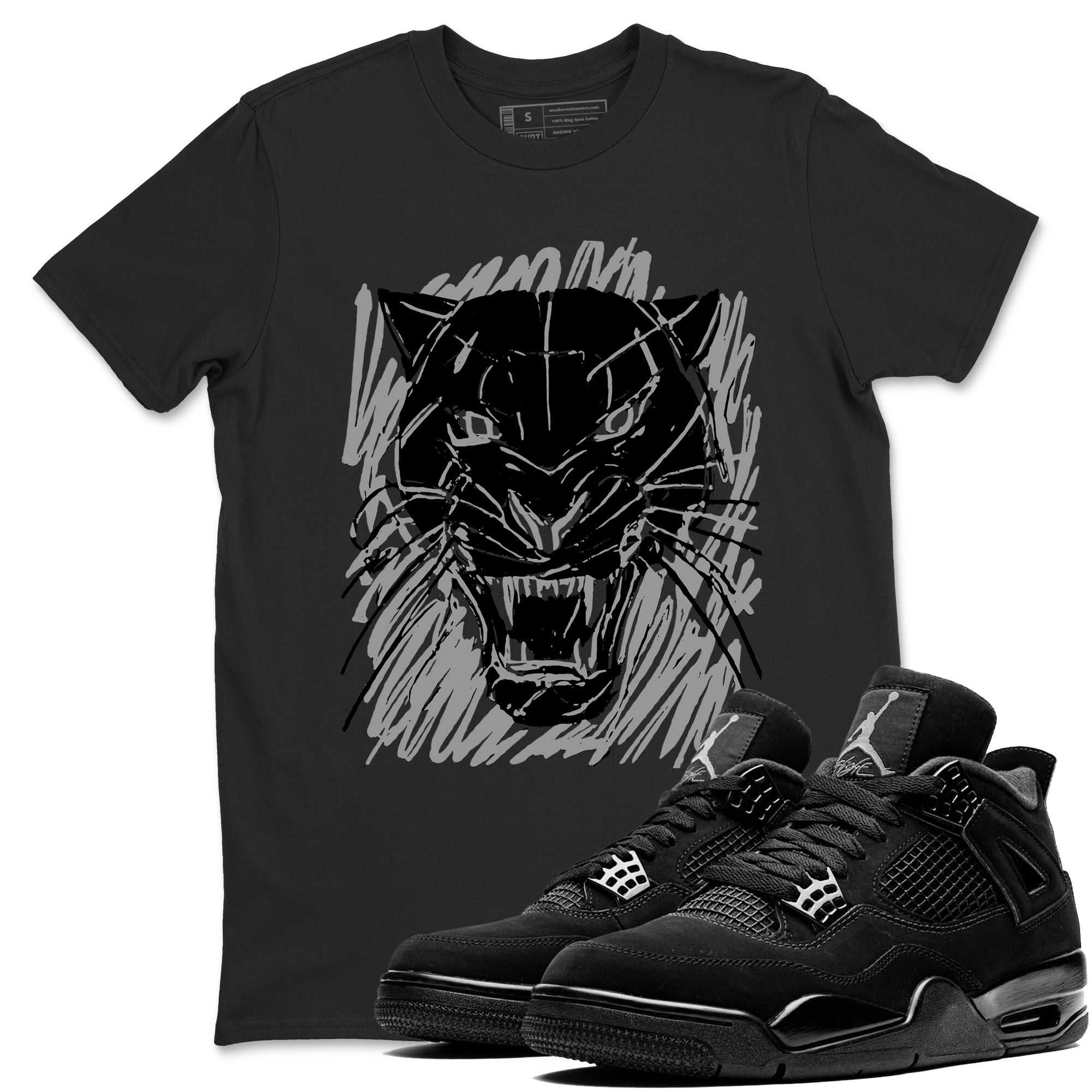 4s Black Cat shirts to match jordans Wild Cat Doodle sneaker match tees Air Jordan 4 Retro Black Cat match shoes to clothes Drip Gear Zone unisex cotton Black 1 shirts