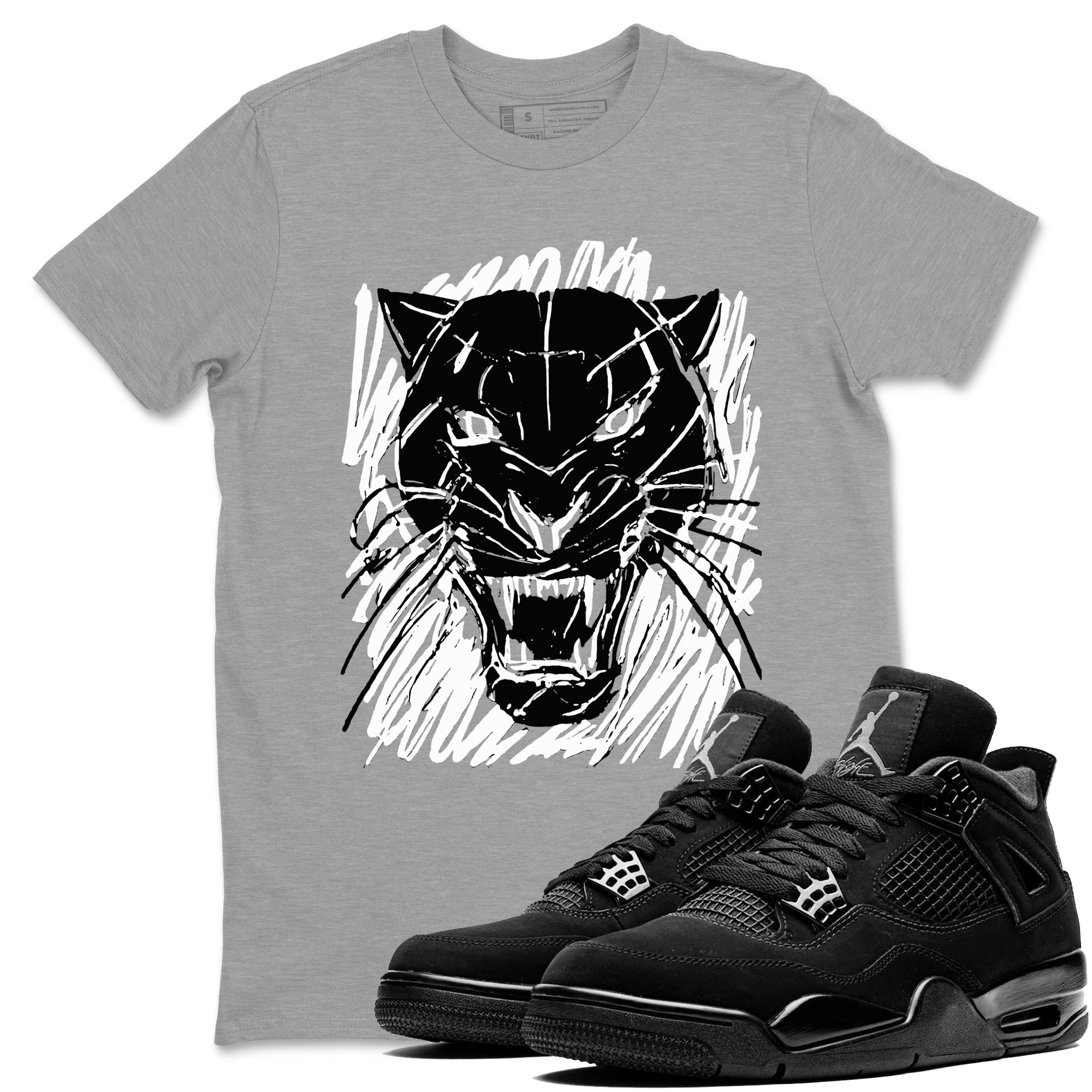 4s Black Cat shirts to match jordans Wild Cat Doodle sneaker match tees Air Jordan 4 Retro Black Cat match shoes to clothes Drip Gear Zone unisex cotton Heather Grey 1 shirts