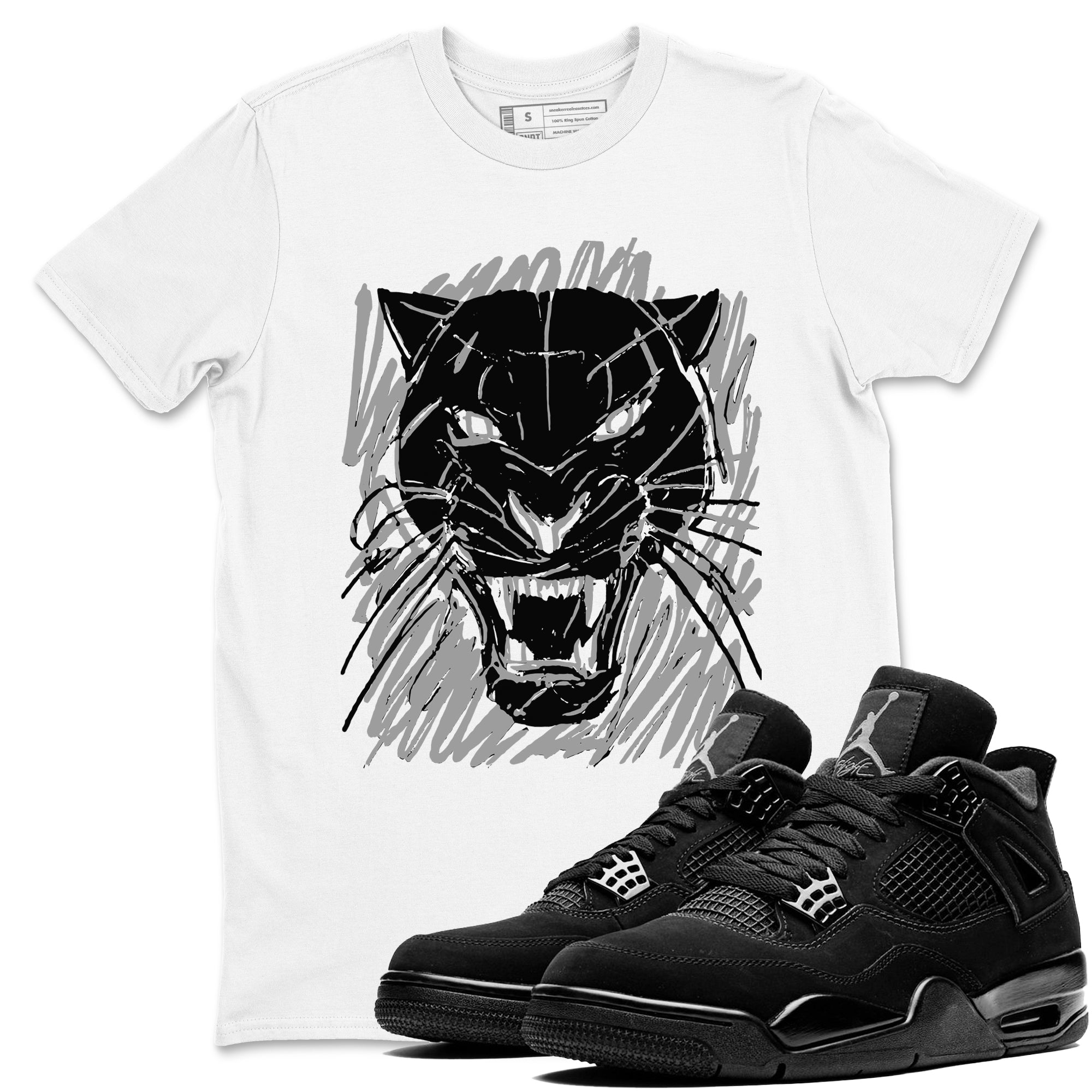 4s Black Cat shirts to match jordans Wild Cat Doodle sneaker match tees Air Jordan 4 Retro Black Cat match shoes to clothes Drip Gear Zone unisex cotton White 1 shirts