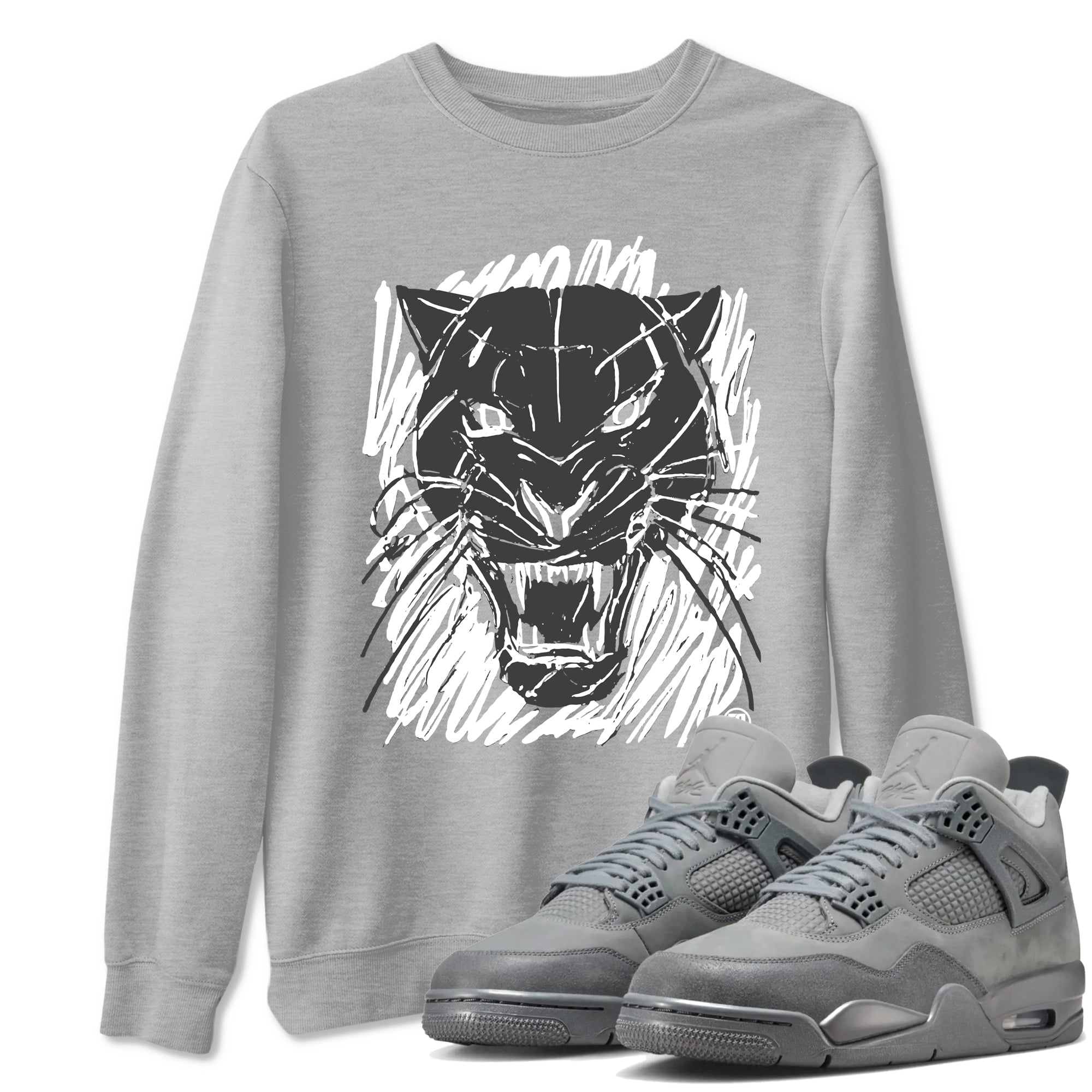 4s Wet Cement shirts to match jordans Wild Cat Doodle sneaker match tees Air Jordan 4 Retro Wet Cement match shoes to clothes Drip Gear Zone unisex cotton Heather Grey 1 shirts