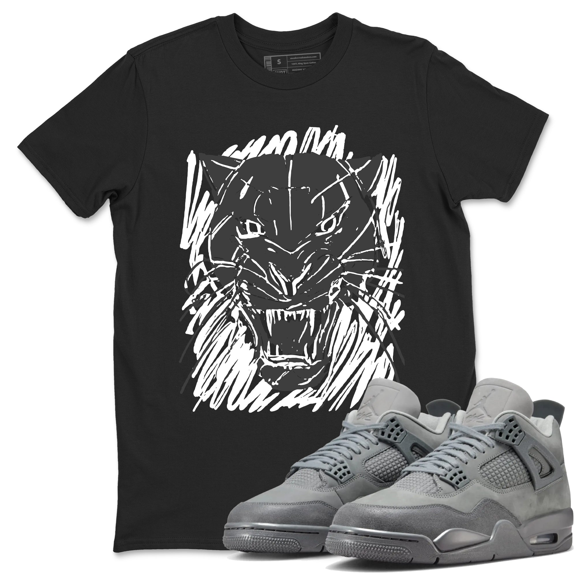 4s Wet Cement shirts to match jordans Wild Cat Doodle sneaker match tees Air Jordan 4 Retro Wet Cement match shoes to clothes Drip Gear Zone unisex cotton Black 1 shirts