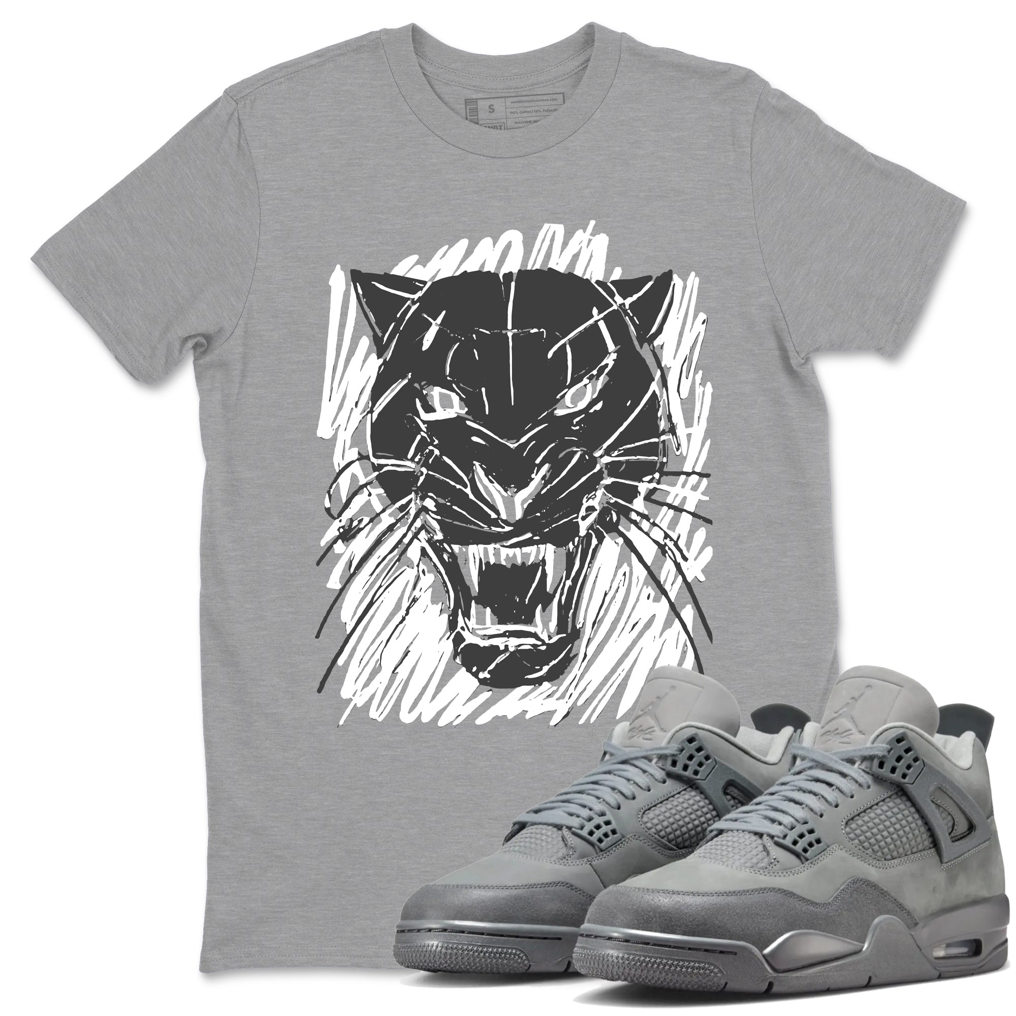 4s Wet Cement shirts to match jordans Wild Cat Doodle sneaker match tees Air Jordan 4 Retro Wet Cement match shoes to clothes Drip Gear Zone unisex cotton Heather Grey 1 shirts