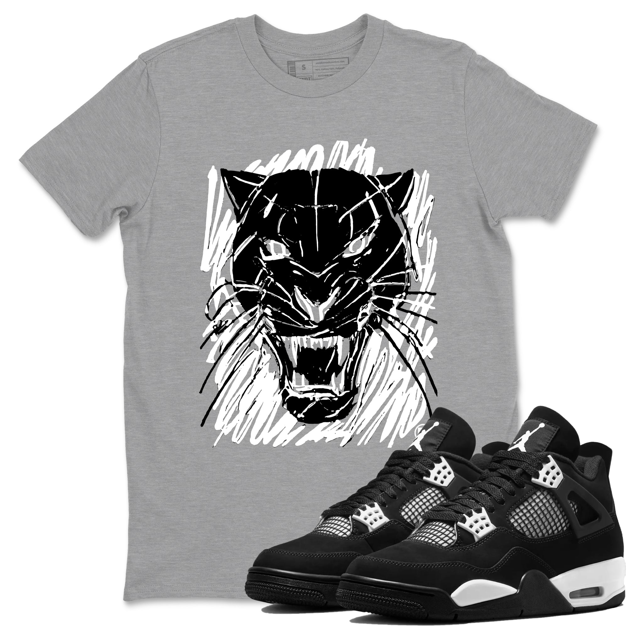 4s White Thunder shirts to match jordans Wild Cat Doodle sneaker match tees Air Jordan 4 Retro White Thunder match shoes to clothes Drip Gear Zone unisex cotton Heather Grey 1 shirts