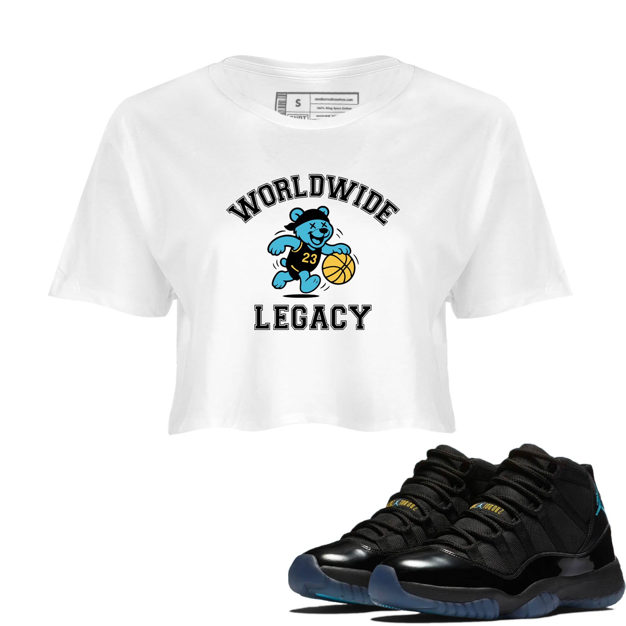 Sneaker Threads  Sneaker Tees To Match Air Jordan 11 Retro Gamma  Worldwide Legacy Crop Tee White 1. Perfect for Jordan releases 2025 colorways.