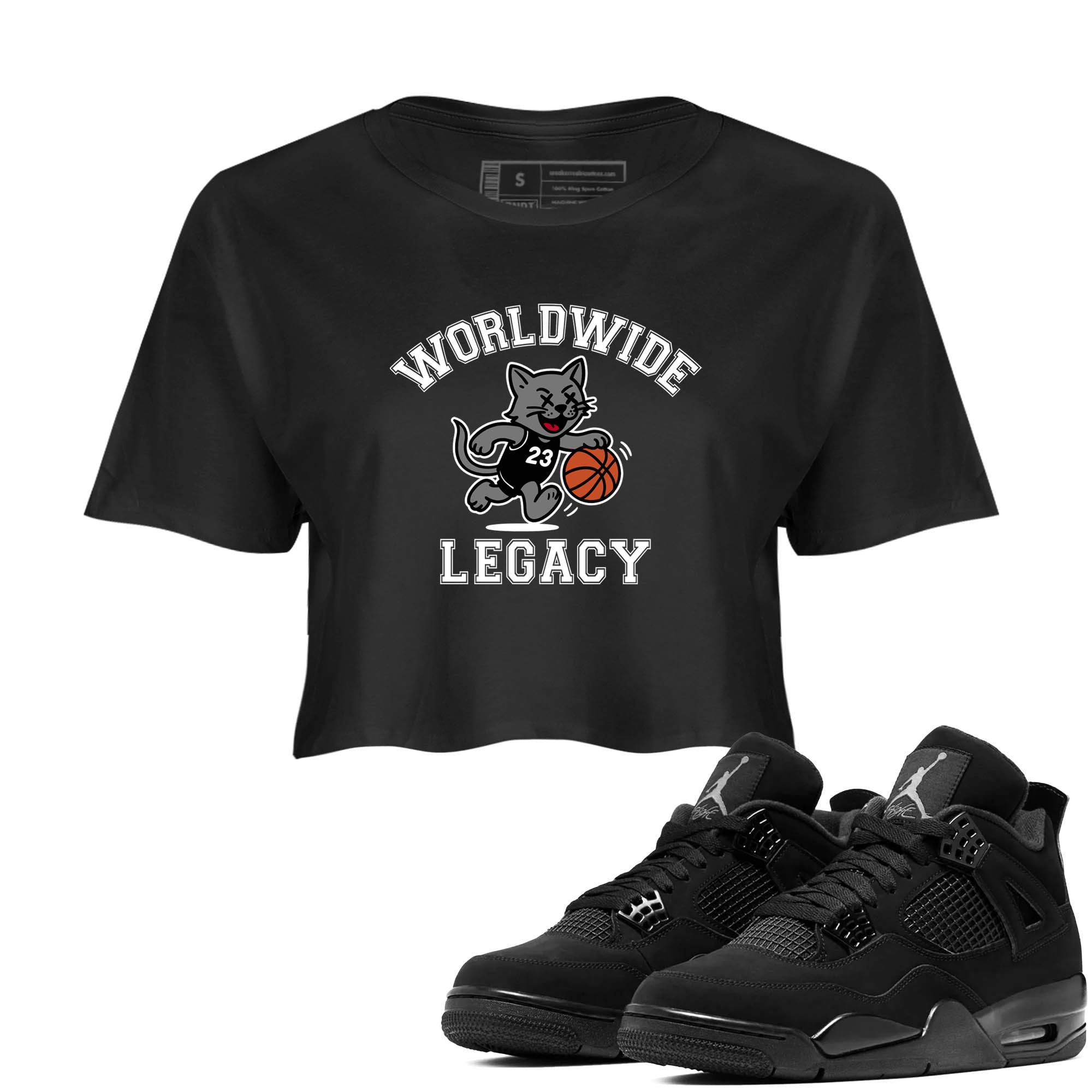 Sneaker Threads  Sneaker Tees To Match Air Jordan 4 Black Cat  Worldwide Legacy Crop Tee Black 1. Perfect for Jordan releases 2025 colorways.