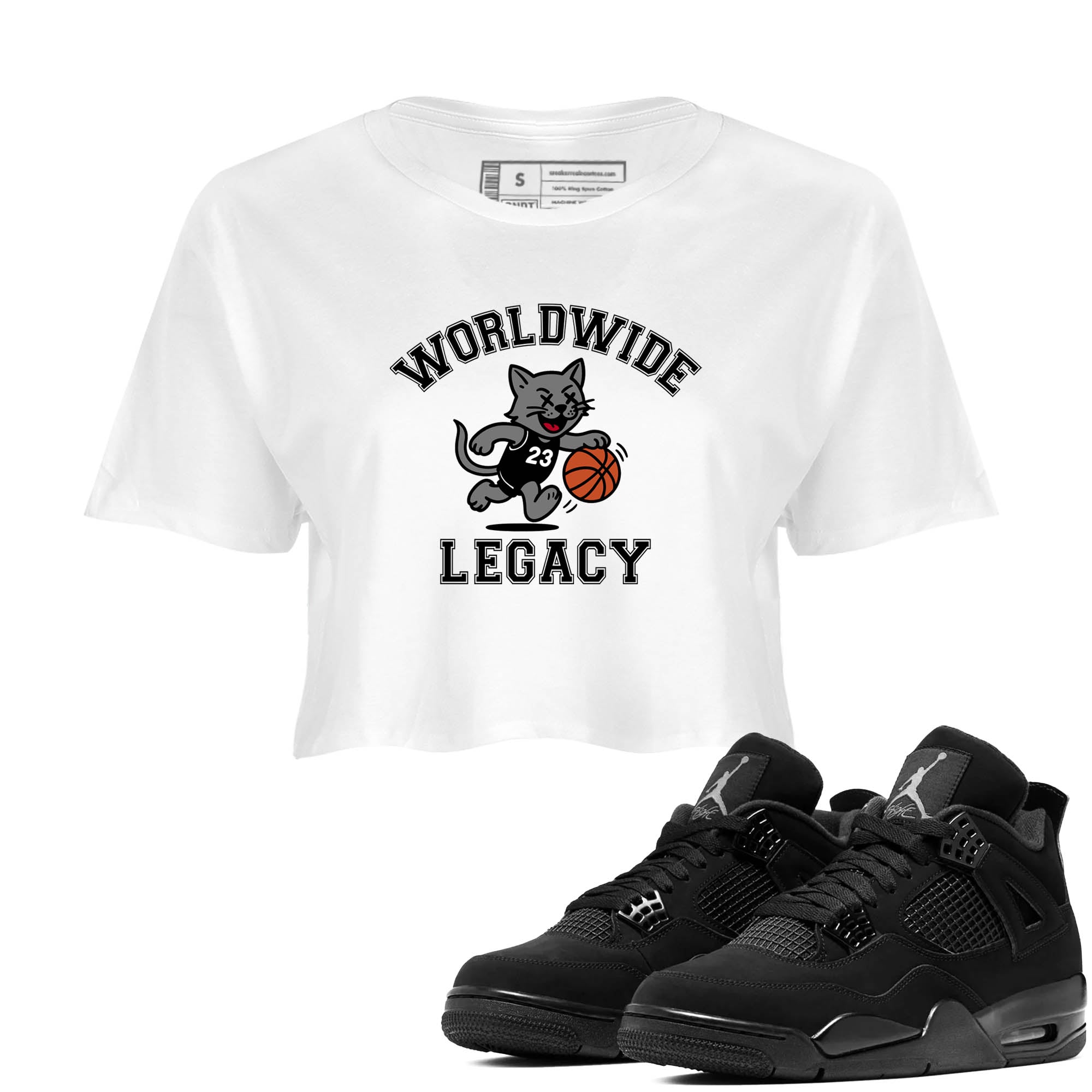Sneaker Threads  Sneaker Tees To Match Air Jordan 4 Black Cat  Worldwide Legacy Crop Tee White 1. Perfect for Jordan releases 2025 colorways.