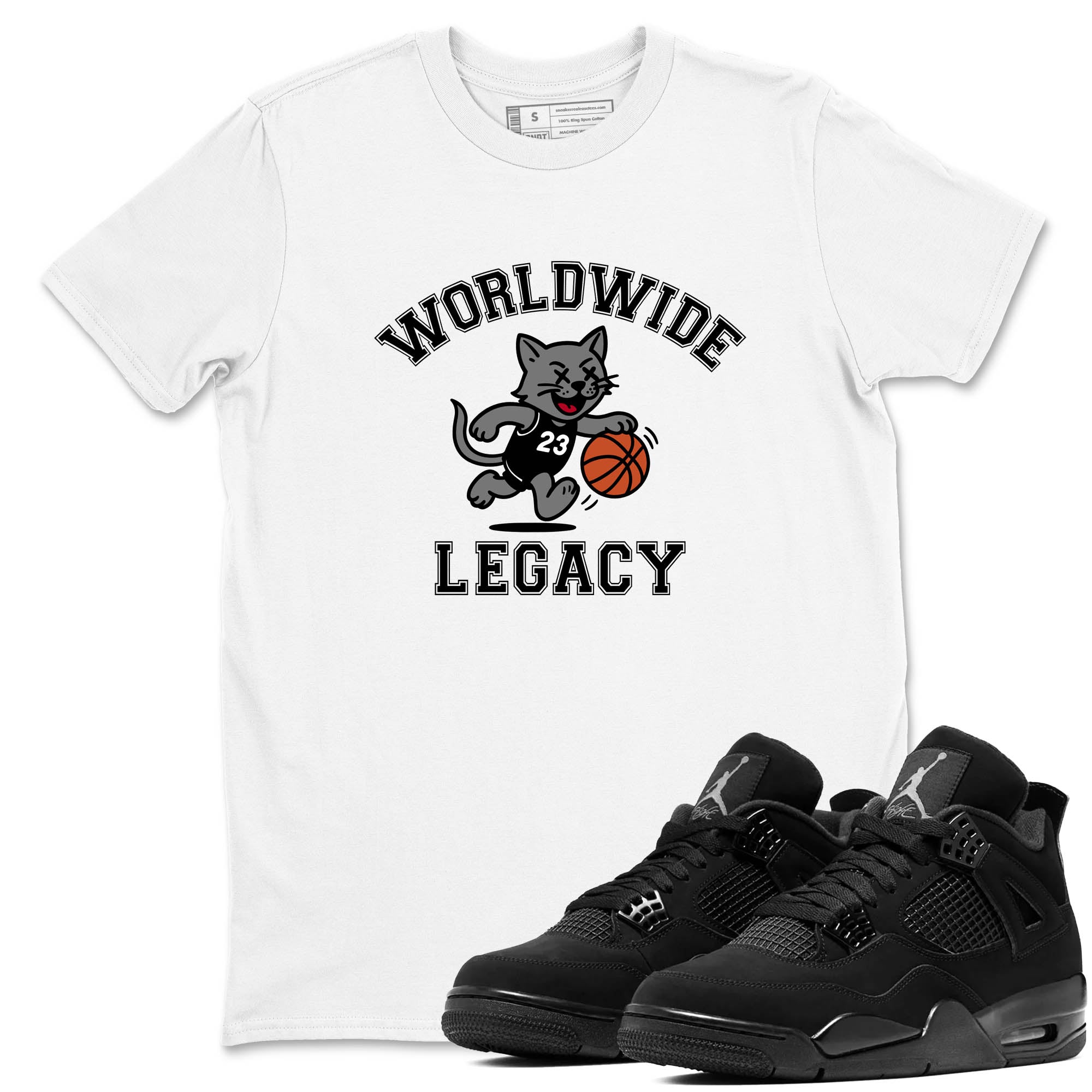 Sneaker Threads  Sneaker Tees To Match Air Jordan 4 Black Cat  Worldwide Legacy Graphic Tee White 1. Perfect for Jordan releases 2025 colorways.