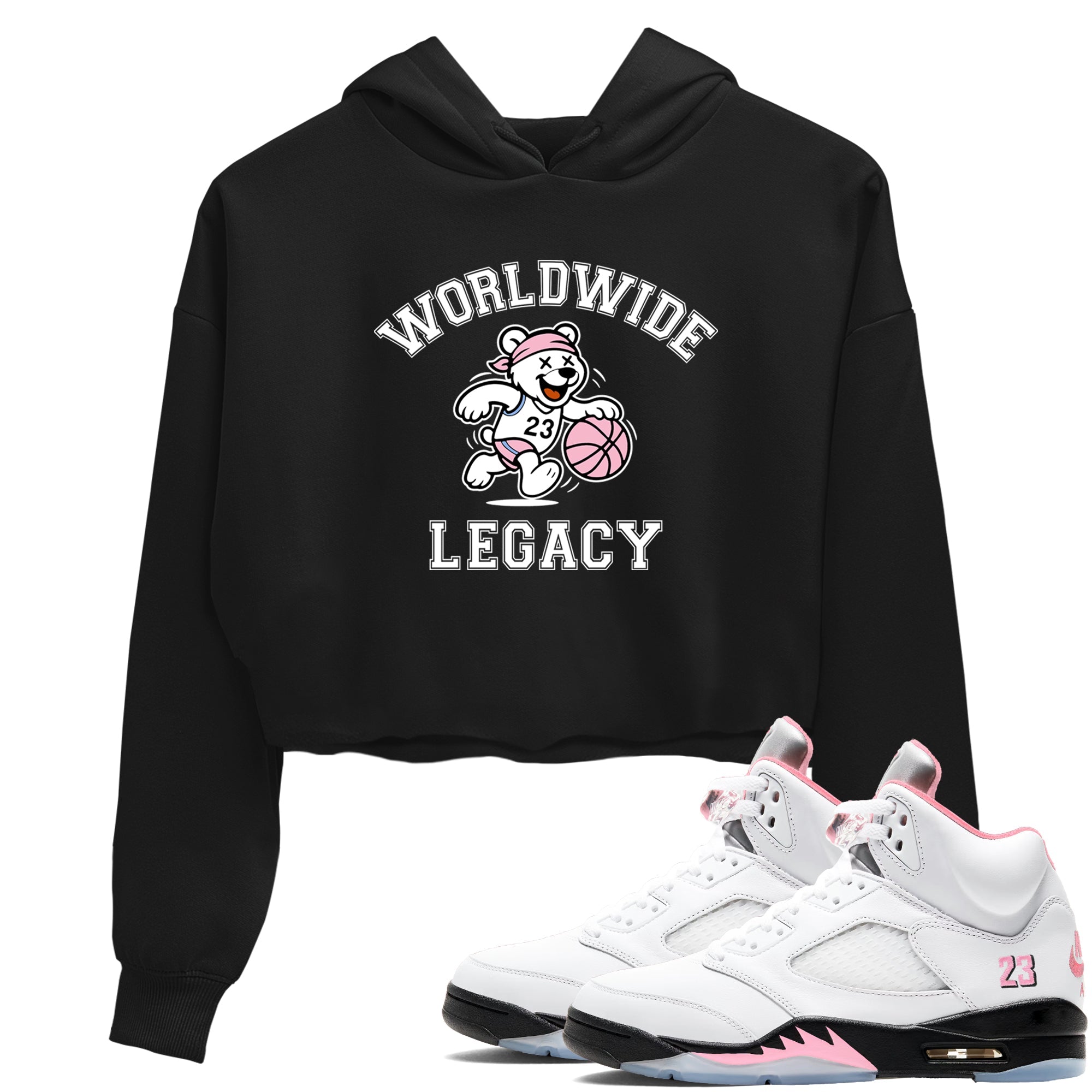 Sneaker Threads  Sneaker Tees To Match Air Jordan 5 Medium Soft Pink  Worldwide Legacy Crop Tee Black 1. Perfect for Jordan releases 2025 colorways.