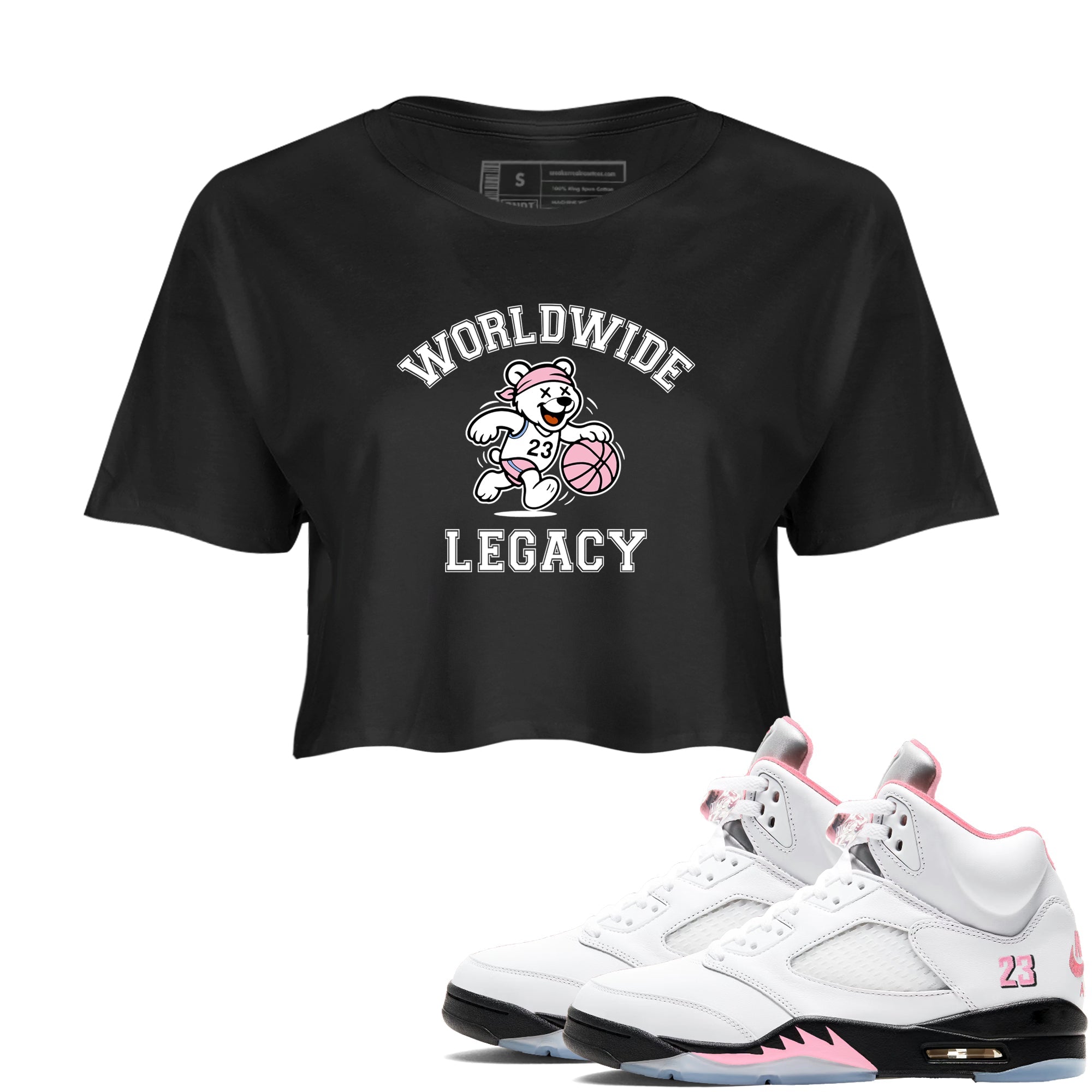 Sneaker Threads  Sneaker Tees To Match Air Jordan 5 Medium Soft Pink  Worldwide Legacy Crop Tee Black 1. Perfect for Jordan releases 2025 colorways.