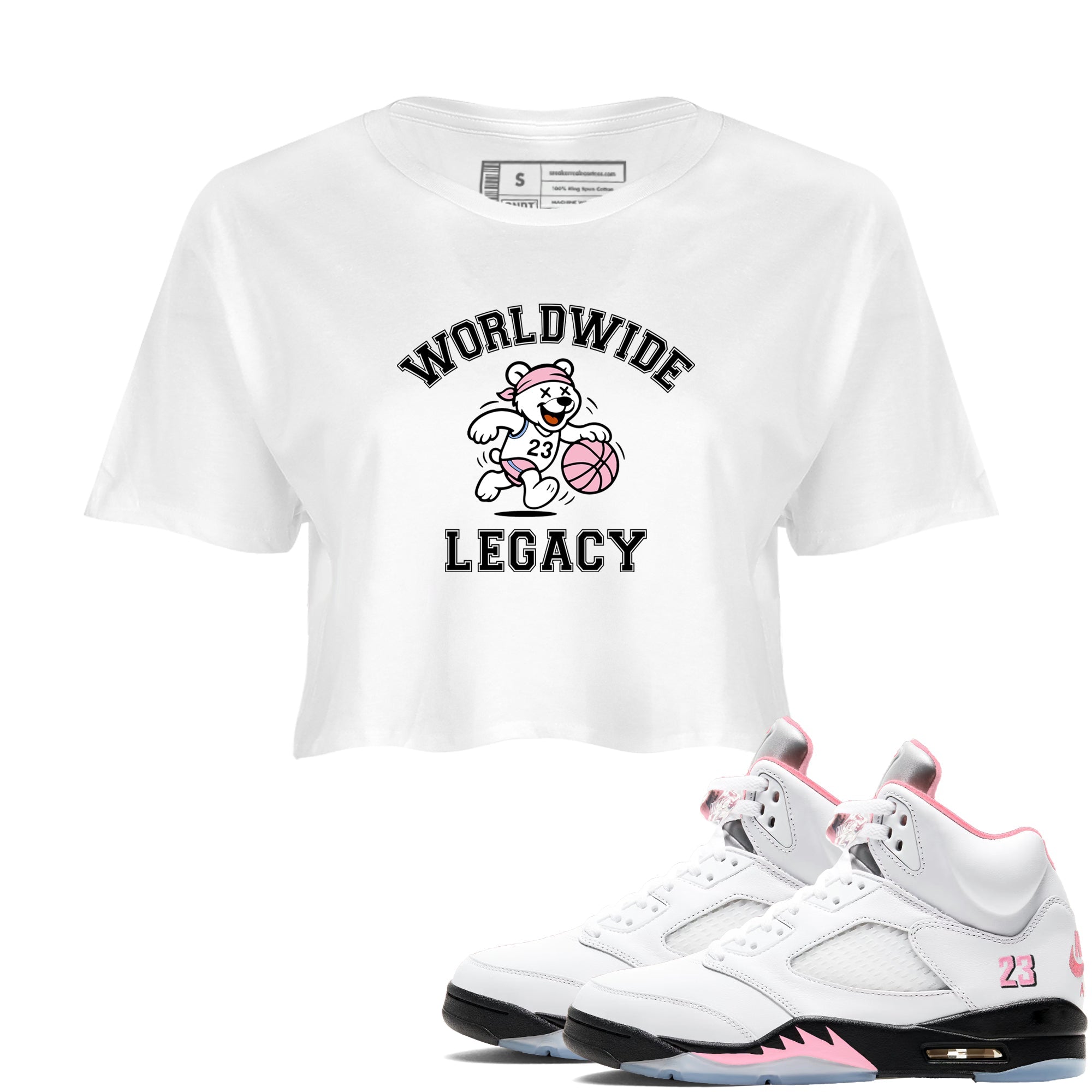 Sneaker Threads  Sneaker Tees To Match Air Jordan 5 Medium Soft Pink  Worldwide Legacy Crop Tee White 1. Perfect for Jordan releases 2025 colorways.