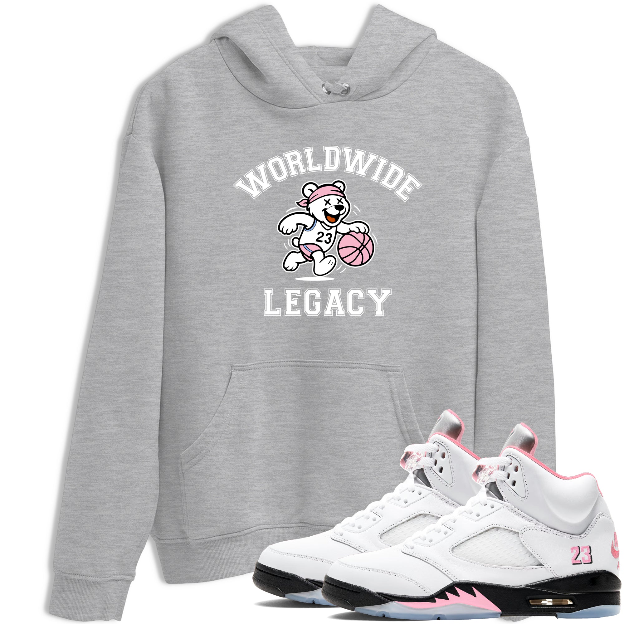 Sneaker Threads  Sneaker Tees To Match Air Jordan 5 Medium Soft Pink  Worldwide Legacy Graphic Tee Heather Grey 1. Perfect for Jordan releases 2025 colorways.