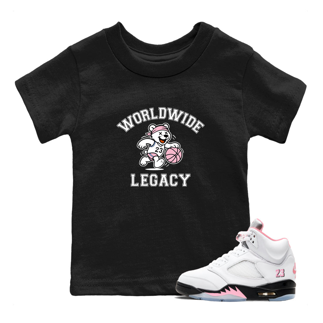 Sneaker Threads  Sneaker Tees To Match Air Jordan 5 Medium Soft Pink  Worldwide Legacy Youth Graphic Tee Black 1. Perfect for Jordan releases 2025 colorways.