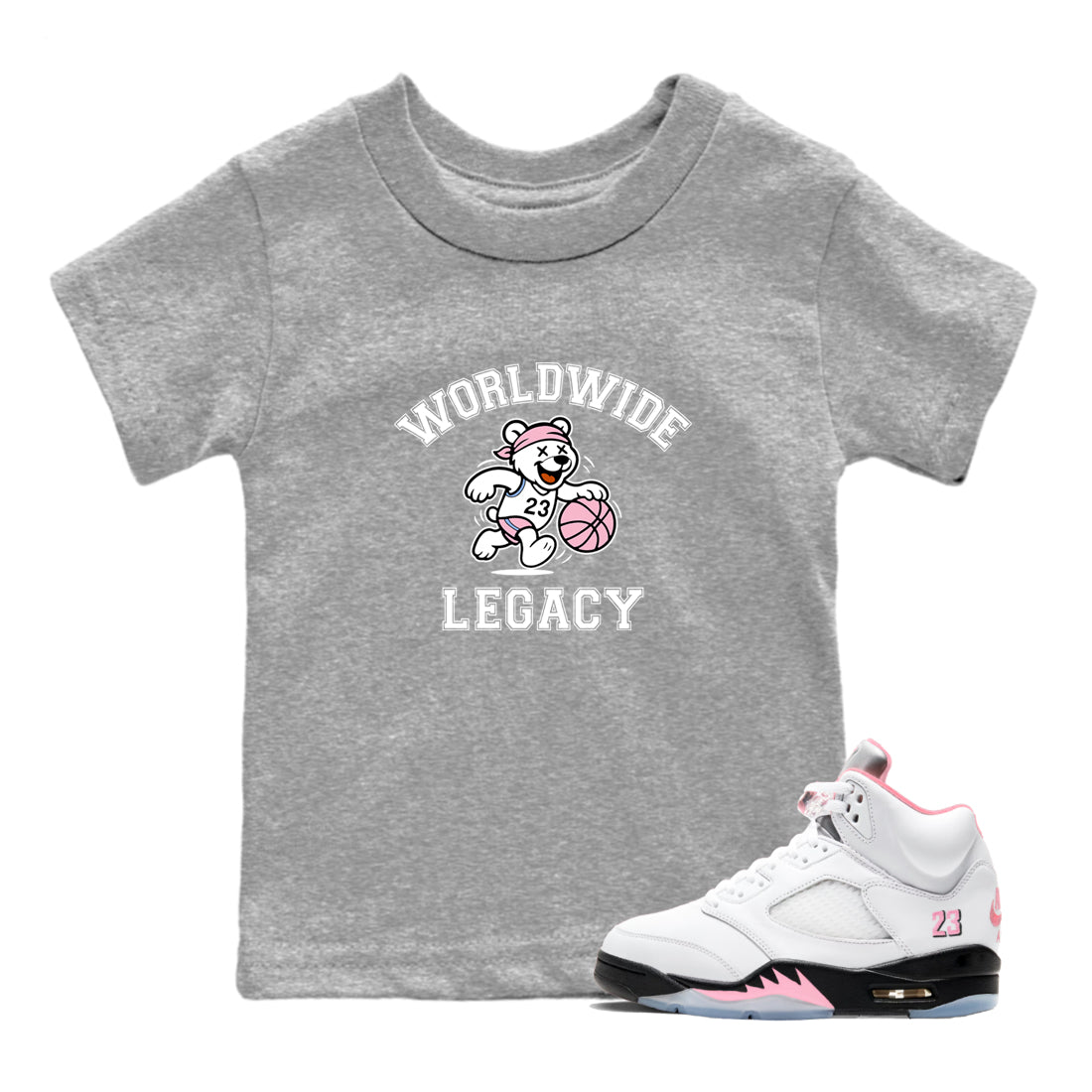Sneaker Threads  Sneaker Tees To Match Air Jordan 5 Medium Soft Pink  Worldwide Legacy Youth Graphic Tee Heather Grey 1. Perfect for Jordan releases 2025 colorways.