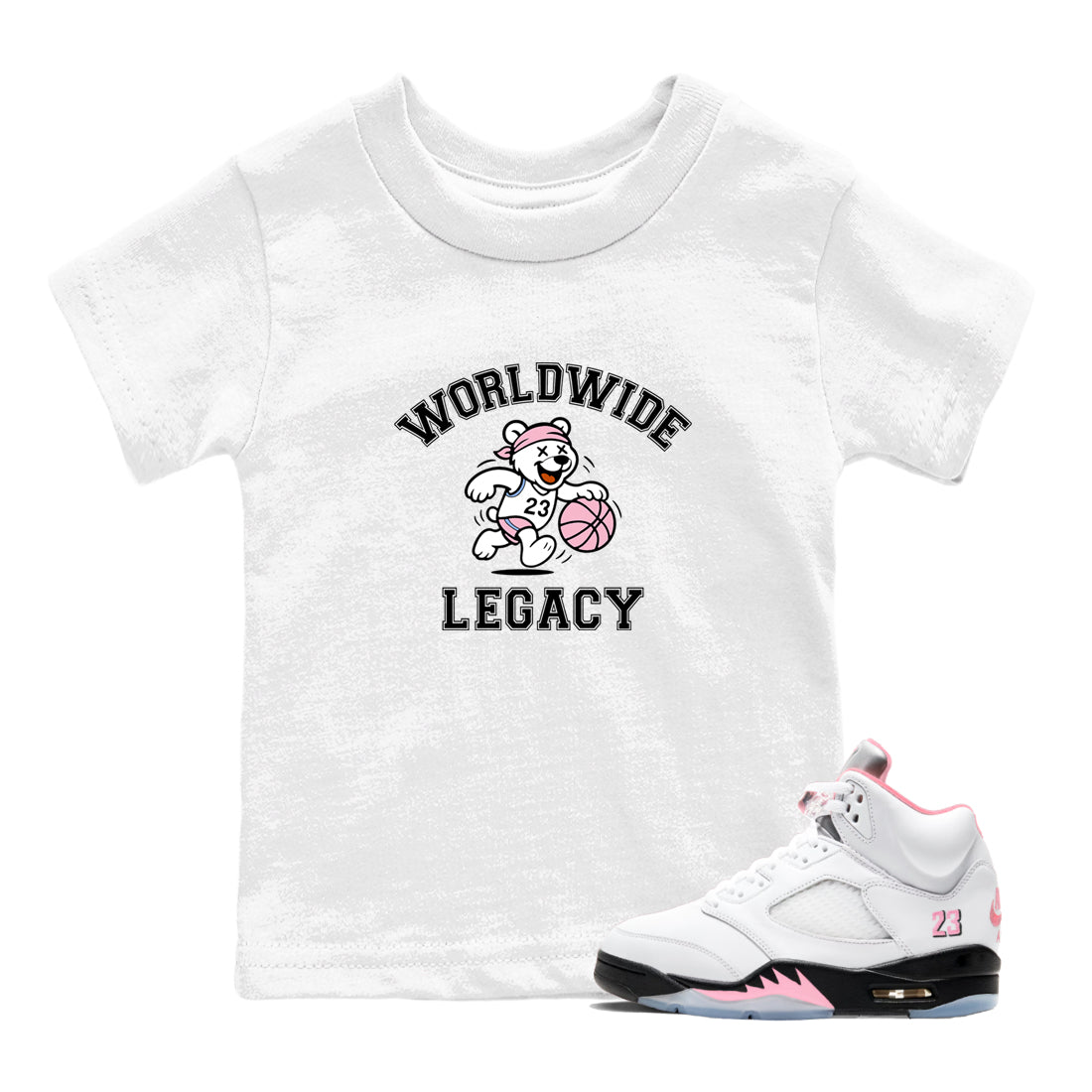 Sneaker Threads  Sneaker Tees To Match Air Jordan 5 Medium Soft Pink  Worldwide Legacy Youth Graphic Tee White 1. Perfect for Jordan releases 2025 colorways.