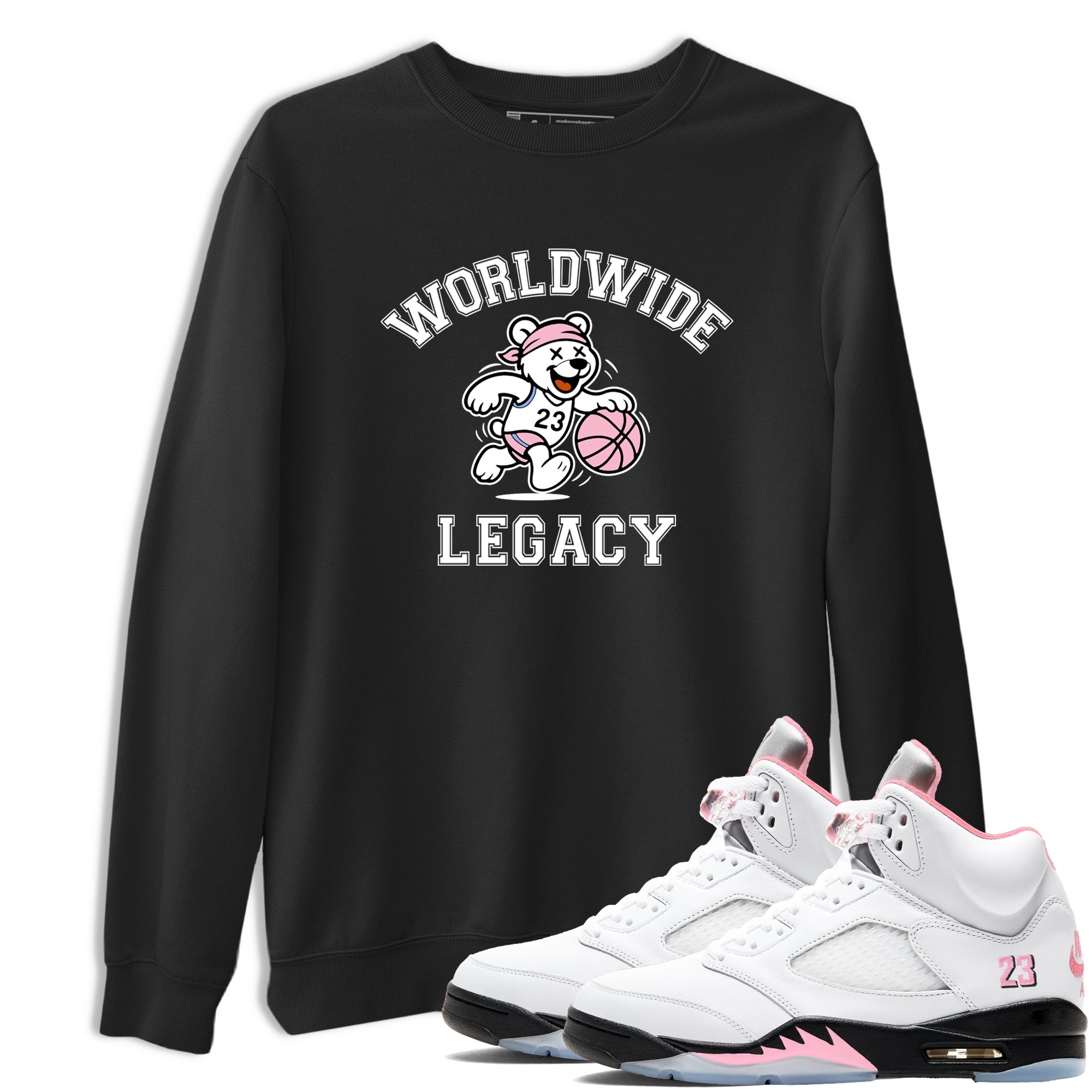 Sneaker Threads  Sneaker Tees To Match Air Jordan 5 Medium Soft Pink  Worldwide Legacy Graphic Tee Black 1. Perfect for Jordan releases 2025 colorways.