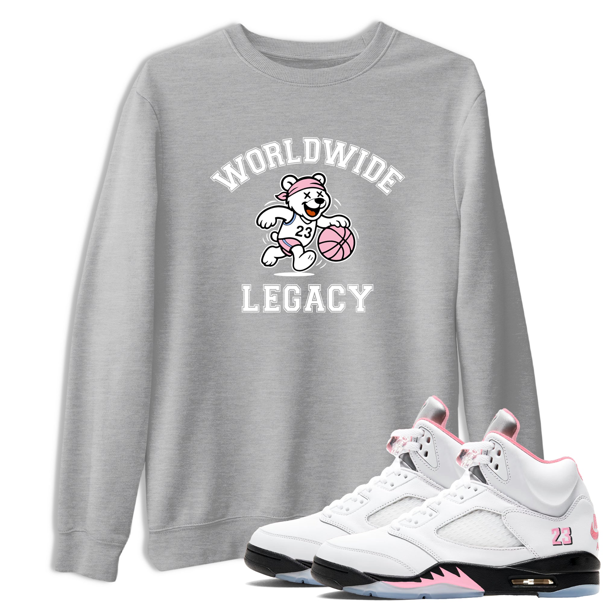 Sneaker Threads  Sneaker Tees To Match Air Jordan 5 Medium Soft Pink  Worldwide Legacy Graphic Tee Heather Grey 1. Perfect for Jordan releases 2025 colorways.