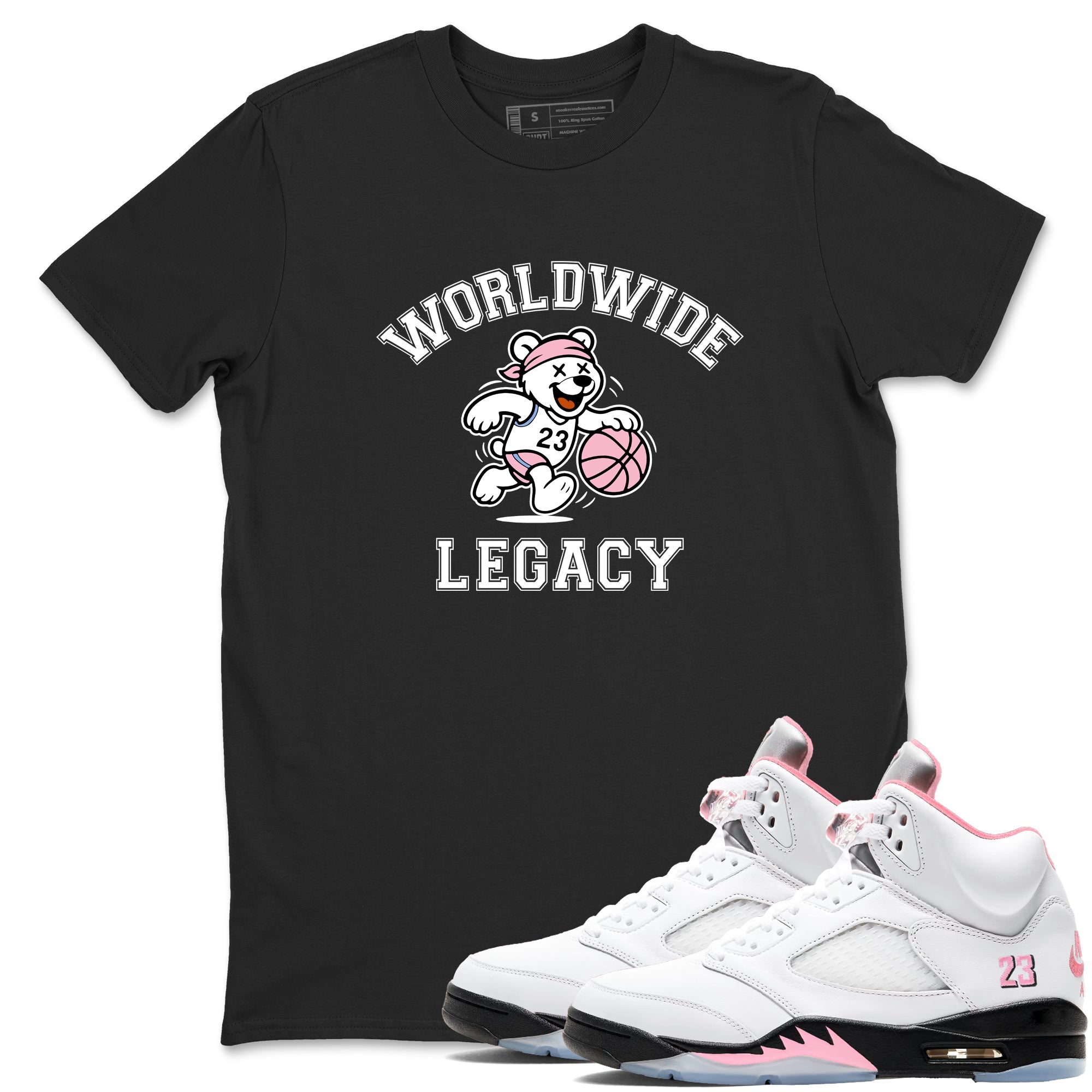 Sneaker Threads  Sneaker Tees To Match Air Jordan 5 Medium Soft Pink  Worldwide Legacy Graphic Tee Black 1. Perfect for Jordan releases 2025 colorways.