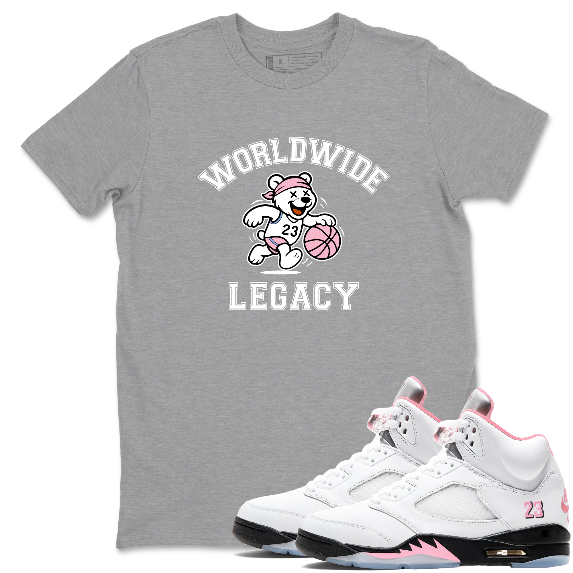 Sneaker Threads  Sneaker Tees To Match Air Jordan 5 Medium Soft Pink  Worldwide Legacy Graphic Tee Heather Grey 1. Perfect for Jordan releases 2025 colorways.