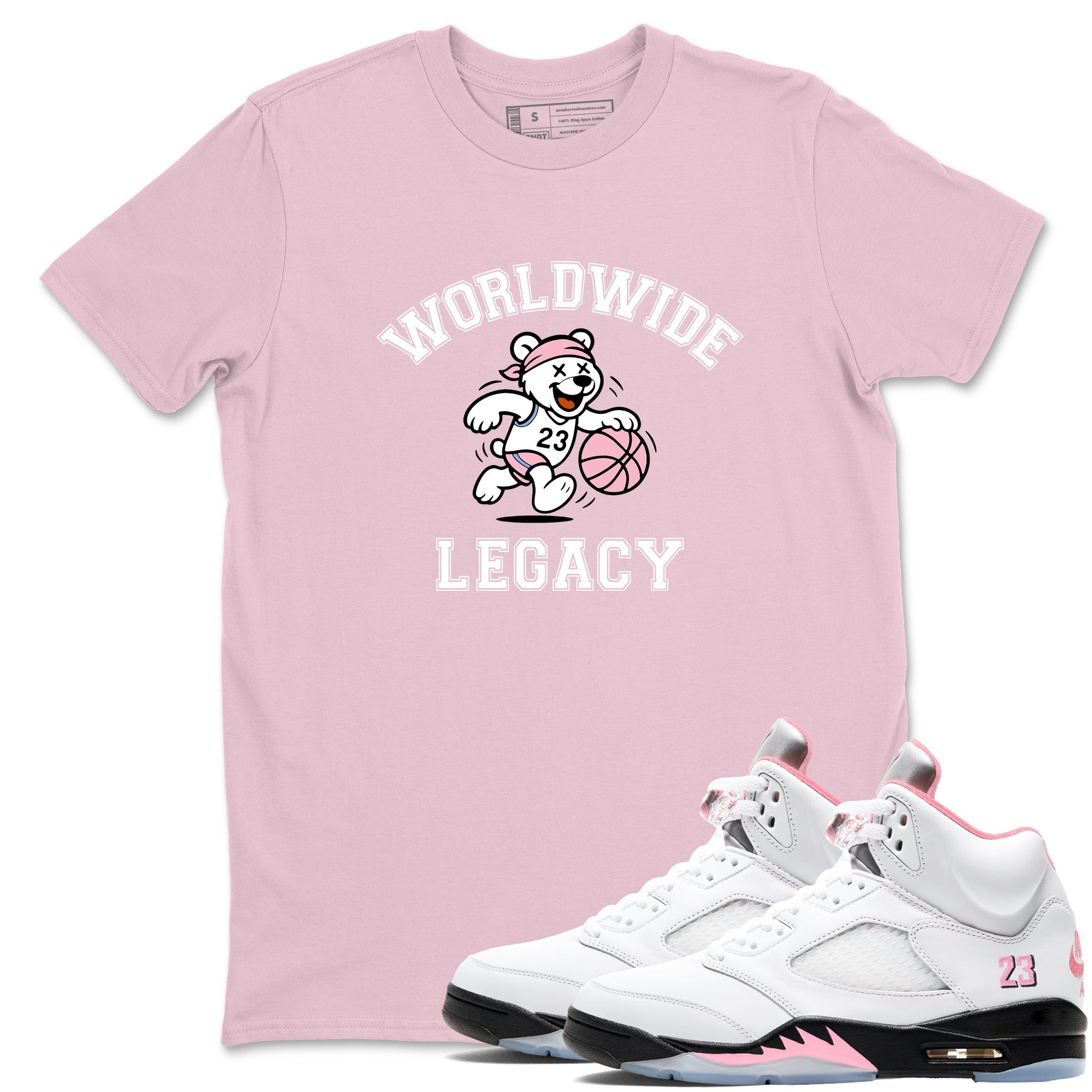 Sneaker Threads  Sneaker Tees To Match Air Jordan 5 Medium Soft Pink  Worldwide Legacy Graphic Tee Pink 1. Perfect for Jordan releases 2025 colorways.