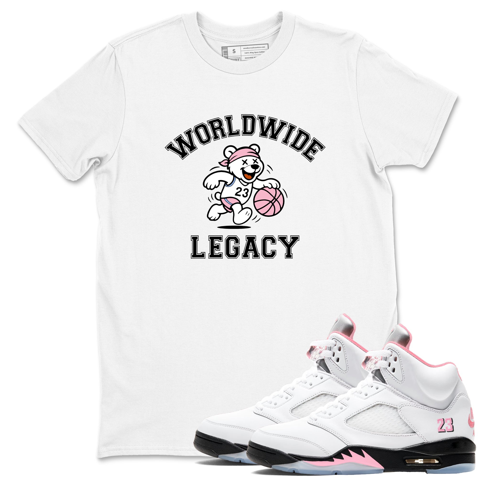 Sneaker Threads  Sneaker Tees To Match Air Jordan 5 Medium Soft Pink  Worldwide Legacy Graphic Tee White 1. Perfect for Jordan releases 2025 colorways.