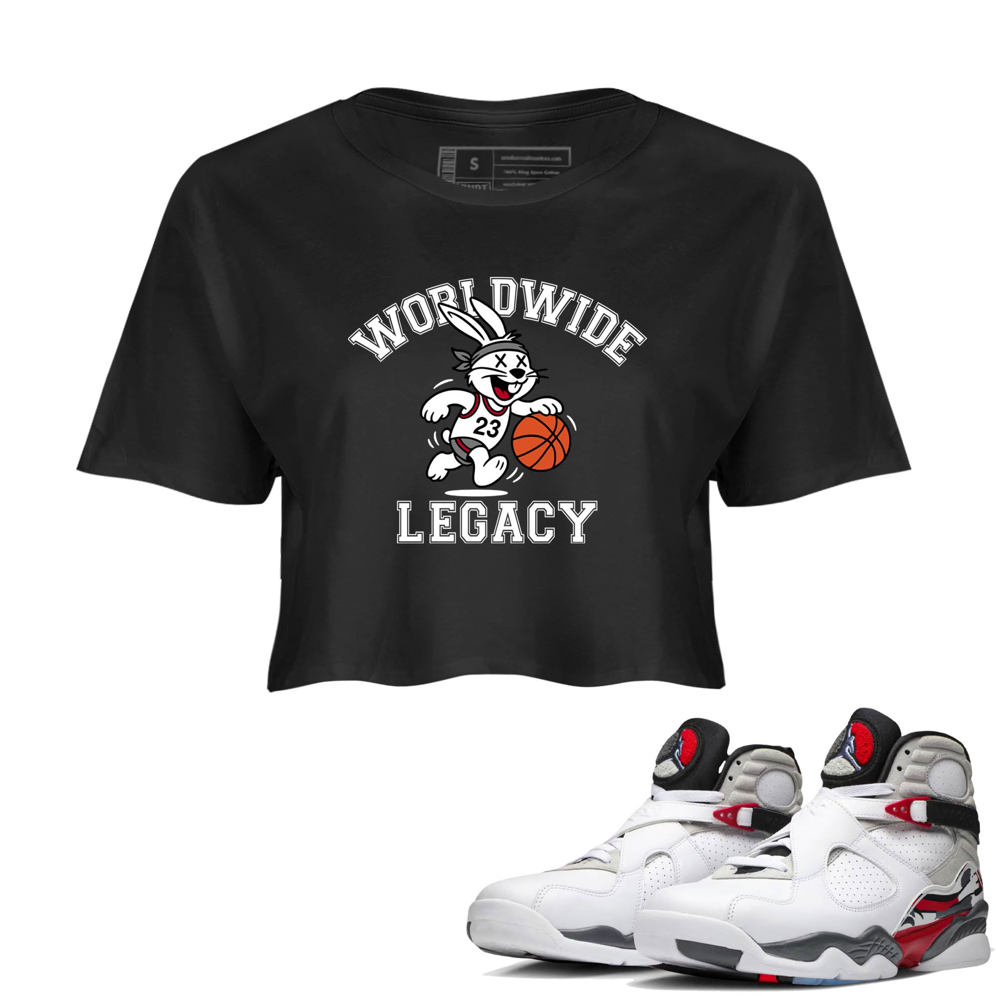 Sneaker Threads  Sneaker Tees To Match Air Jordan 8 Bunny  Worldwide Legacy Crop Tee Black 1. Perfect for Jordan releases 2025 colorways.