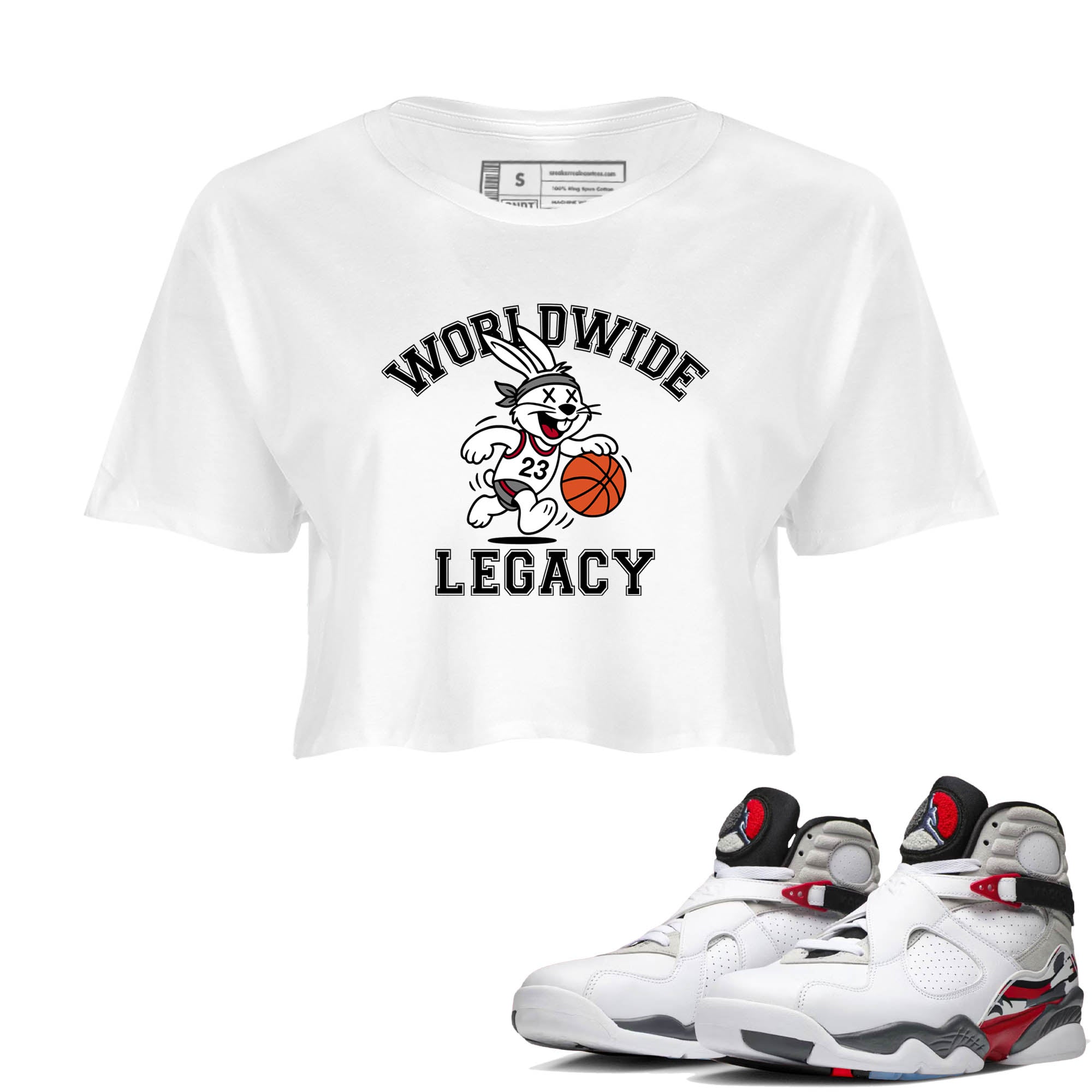 Sneaker Threads  Sneaker Tees To Match Air Jordan 8 Bunny  Worldwide Legacy Crop Tee White 1. Perfect for Jordan releases 2025 colorways.