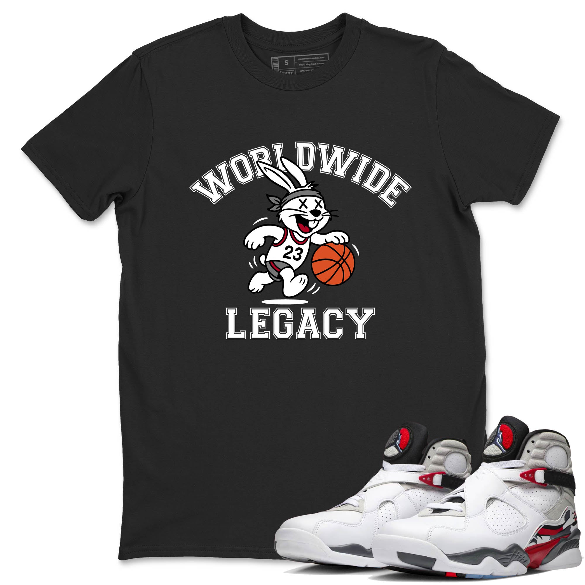 Sneaker Threads  Sneaker Tees To Match Air Jordan 8 Bunny  Worldwide Legacy Graphic Tee Black 1. Perfect for Jordan releases 2025 colorways.