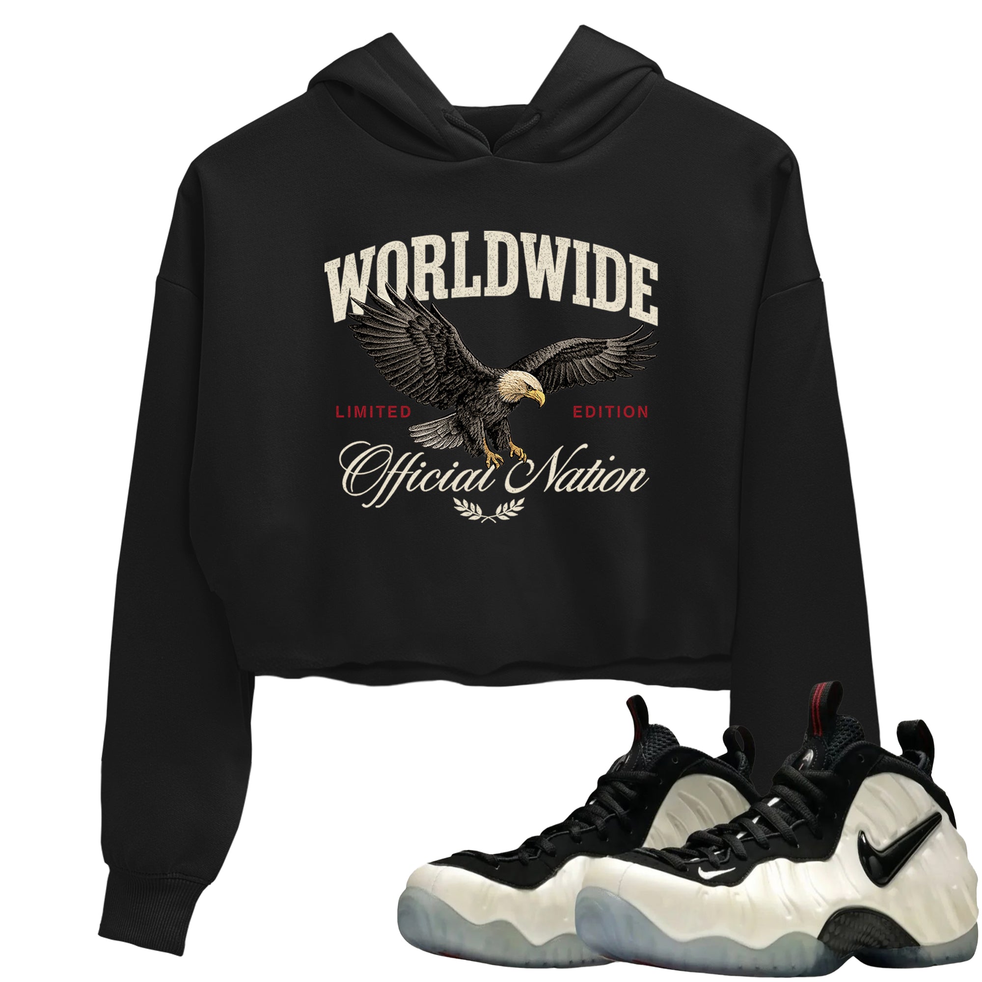Sneaker Threads  Sneaker Tees To Match Air Foamposite One Pearl  Worldwide Official Nation Crop Tee Black 1. Perfect for Jordan releases 2025 colorways.