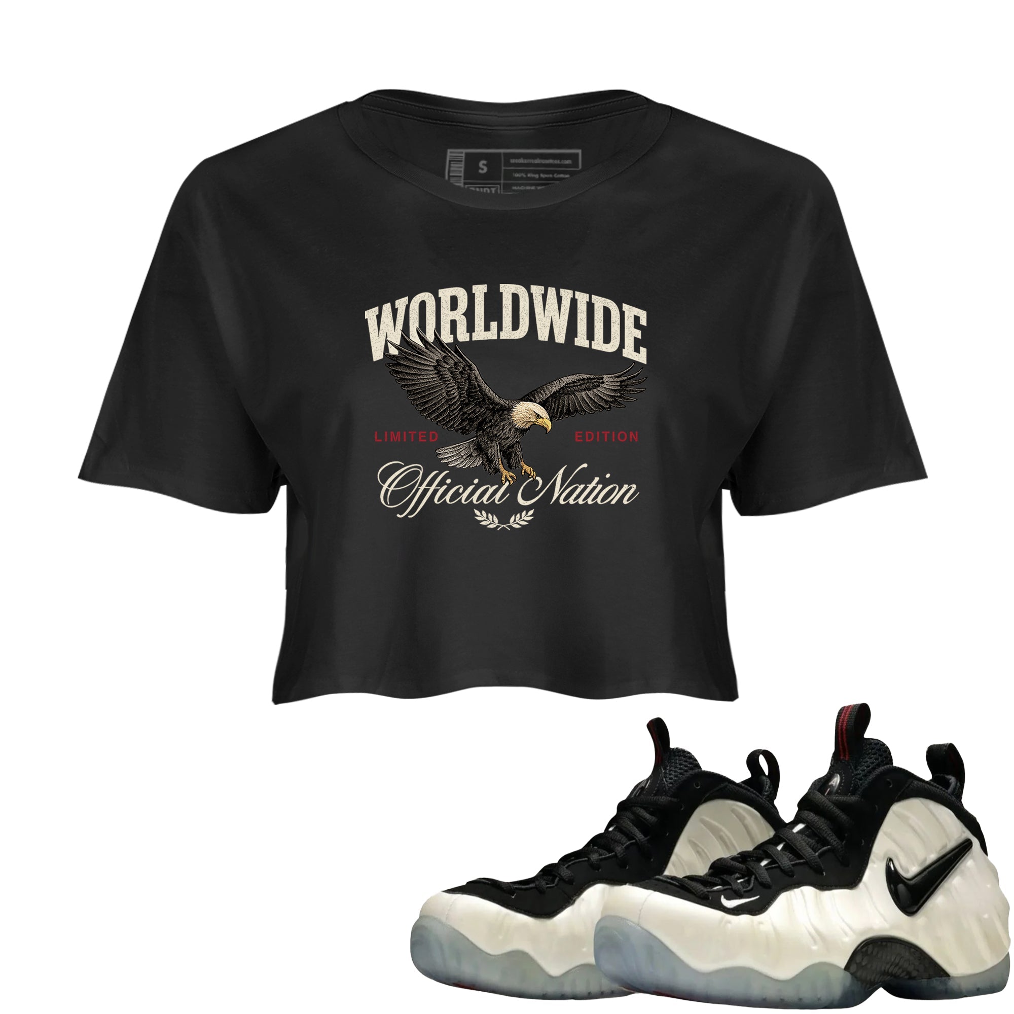 Sneaker Threads  Sneaker Tees To Match Air Foamposite One Pearl  Worldwide Official Nation Crop Tee Black 1. Perfect for Jordan releases 2025 colorways.