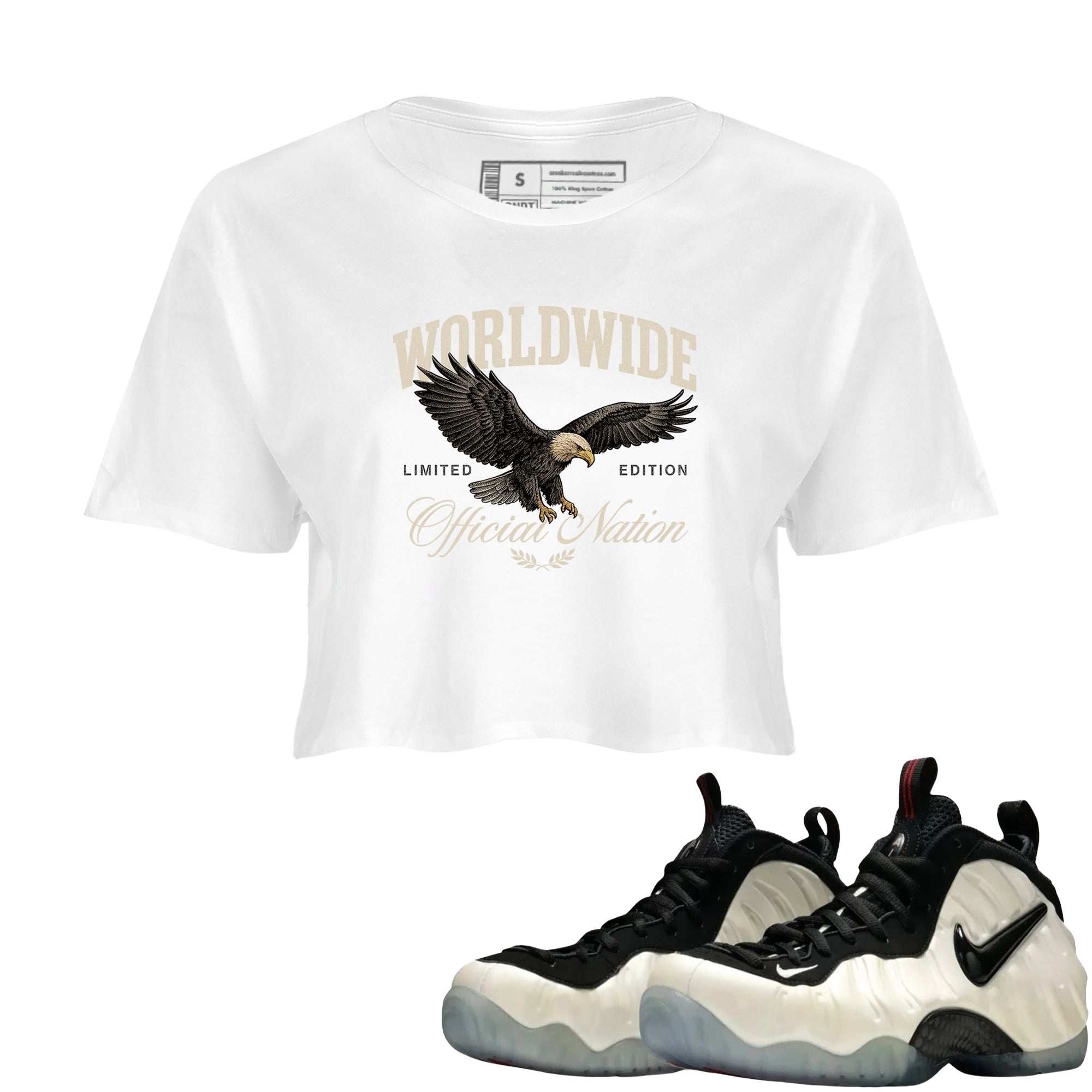 Sneaker Threads  Sneaker Tees To Match Air Foamposite One Pearl  Worldwide Official Nation Crop Tee White 1. Perfect for Jordan releases 2025 colorways.