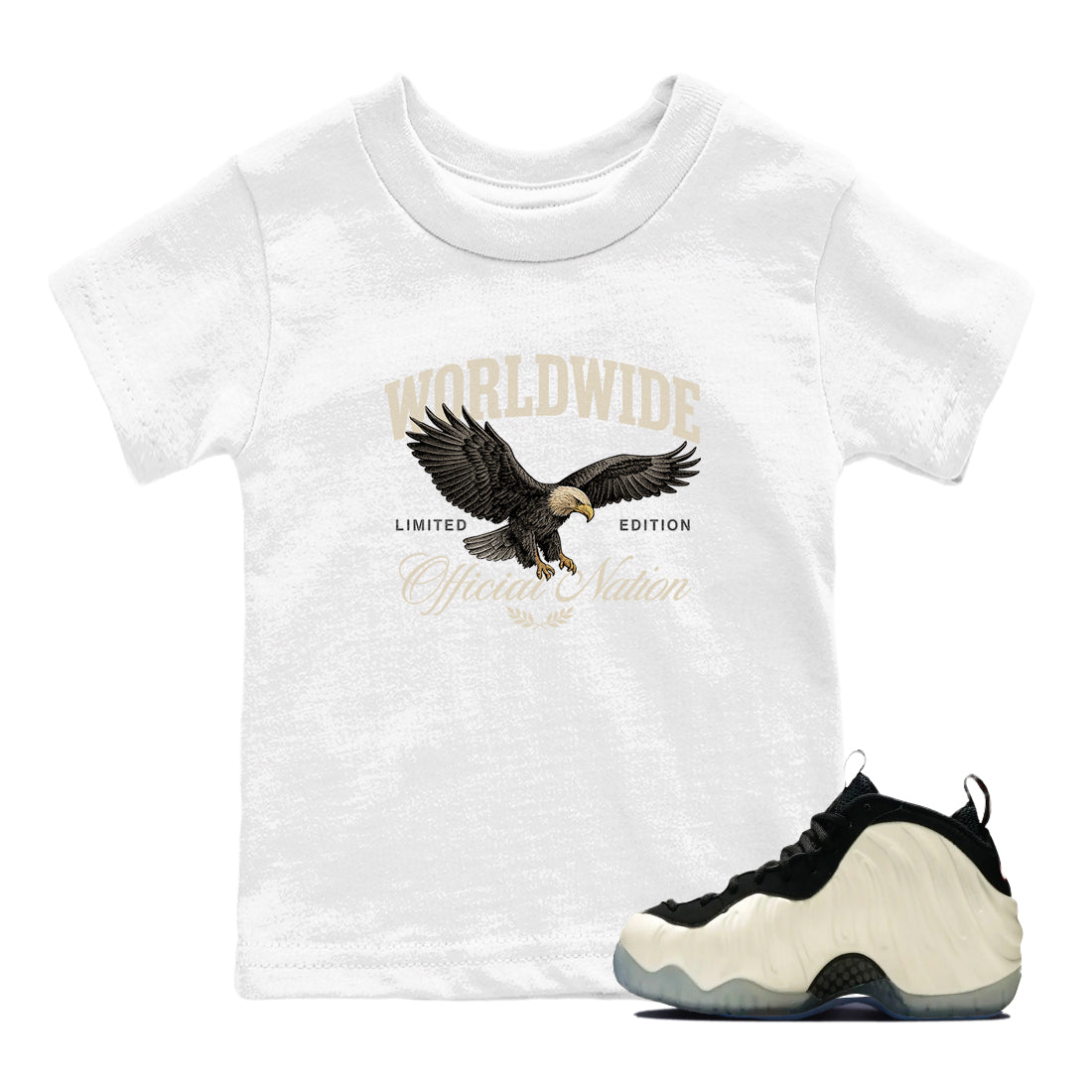 Sneaker Threads  Sneaker Tees To Match Air Foamposite One Pearl  Worldwide Official Nation Youth Graphic Tee White 1. Perfect for Jordan releases 2025 colorways.