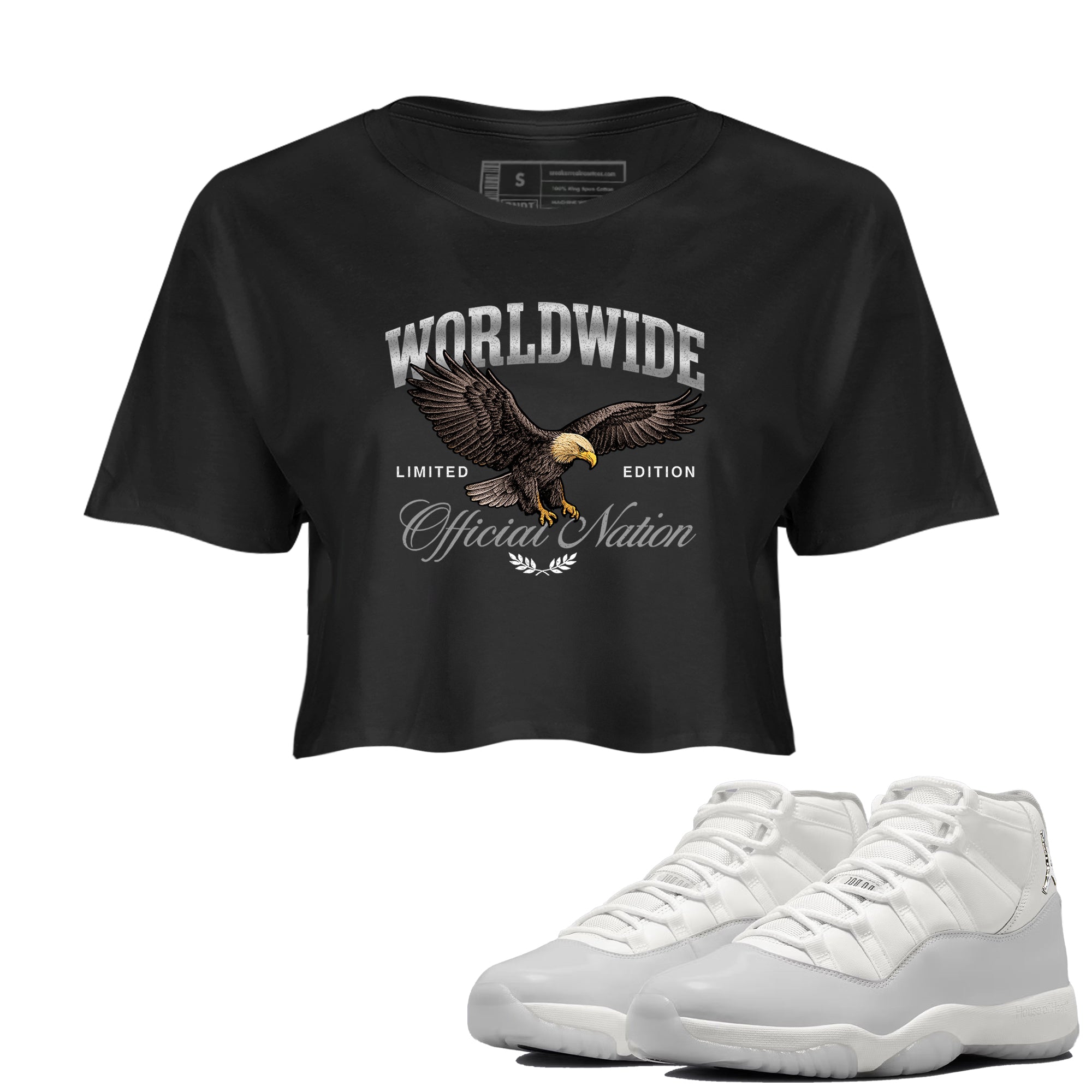 11s Grand Finale Sneaker match tees  Sneaker Tees To Match Jordan 11 Grand Finale Sneakers  Worldwide Official Nation Crop Graphic T-Shirt Black 1