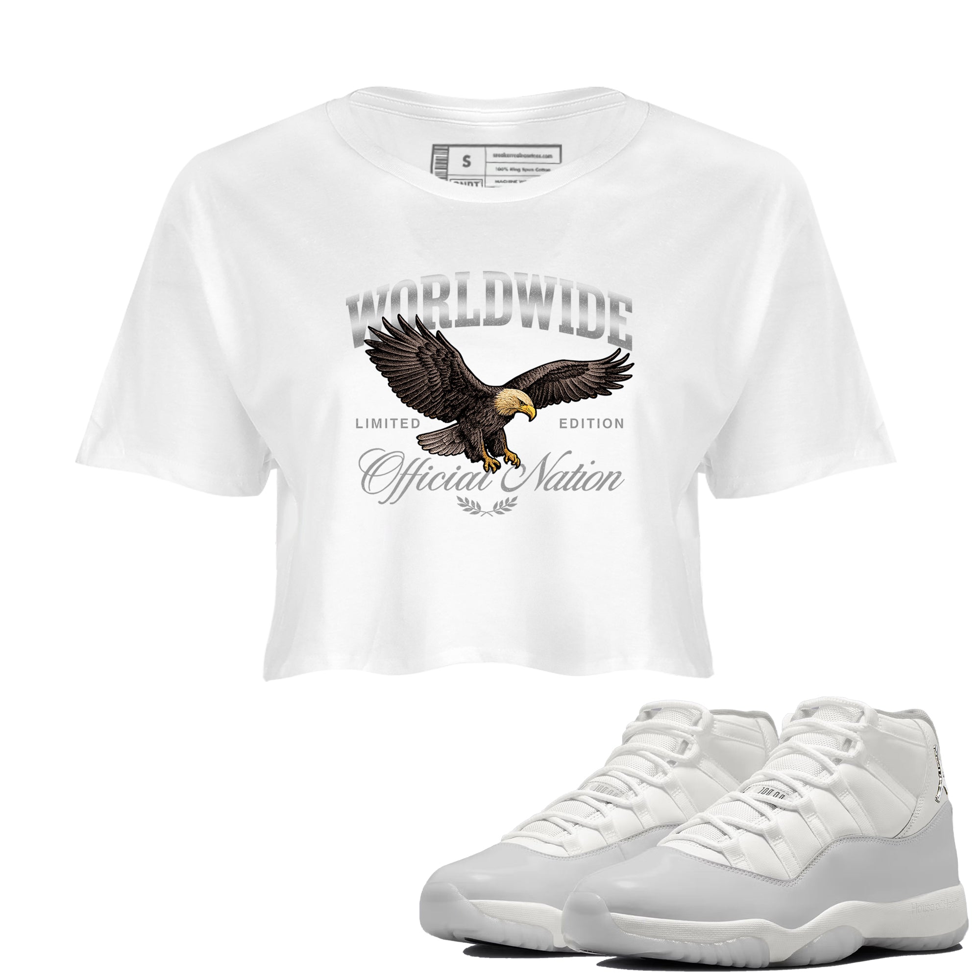 11s Grand Finale Sneaker match tees  Sneaker Tees To Match Jordan 11 Grand Finale Sneakers  Worldwide Official Nation Crop Graphic T-Shirt White 1