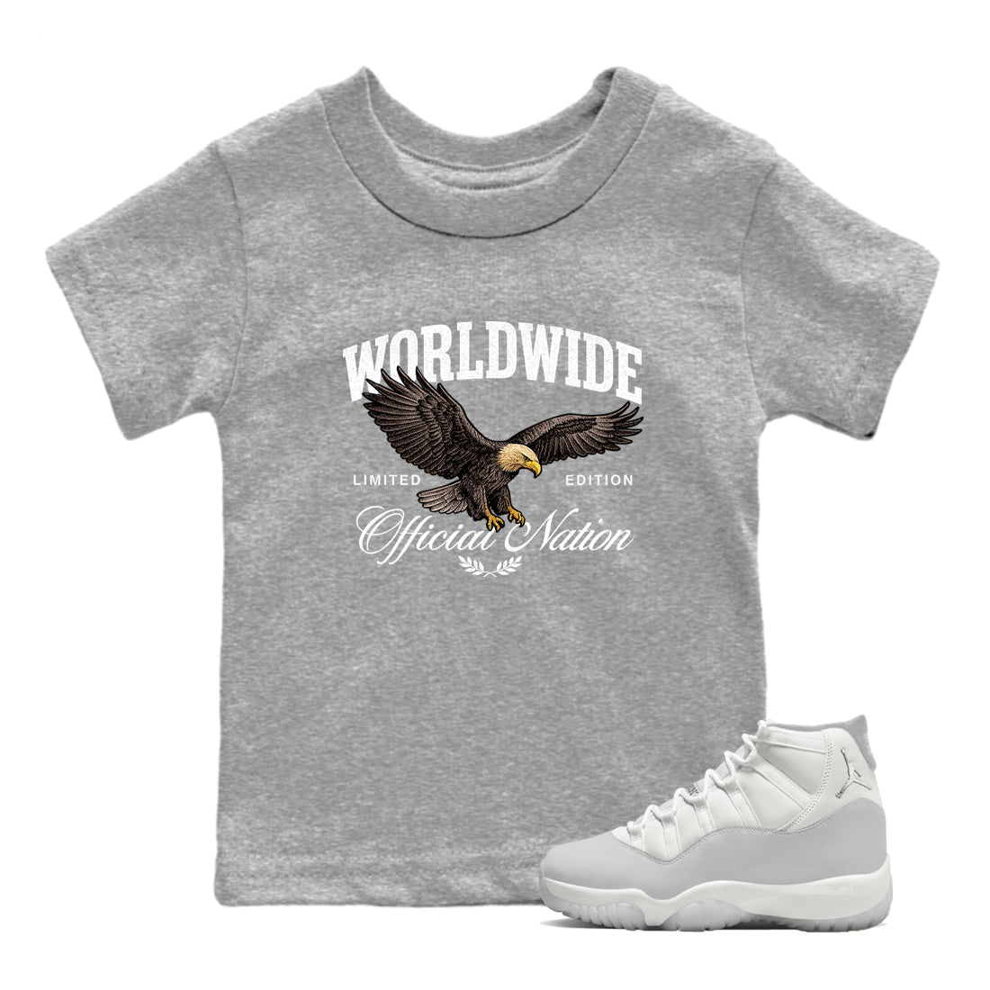 11s Grand Finale Sneaker match tees  Sneaker Tees To Match Jordan 11 Grand Finale Sneakers  Worldwide Official Nation Kids Graphic T-Shirt Heather Grey 1