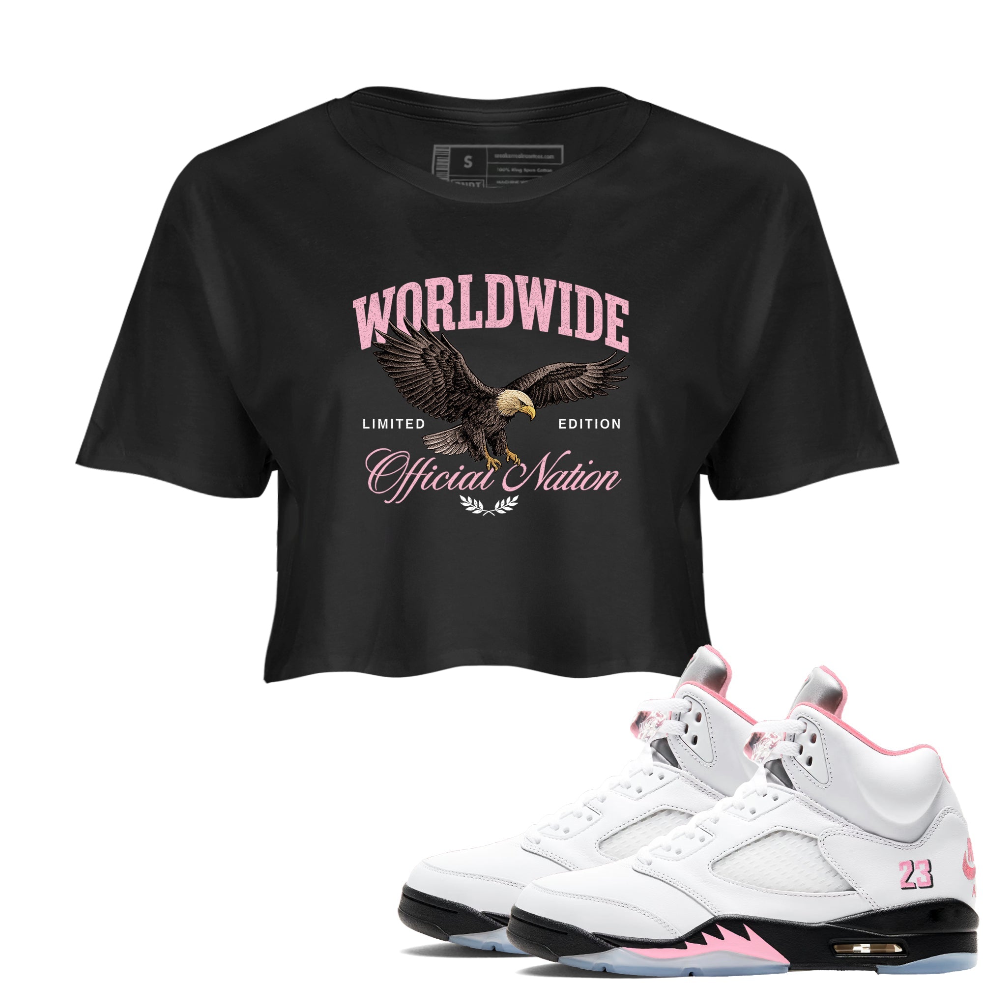 Sneaker Threads Sneaker Tees To Match Air Jordan 5 Medium Soft Pink Shoes Worldwide Official Nation Crop T-Shirt Black 1