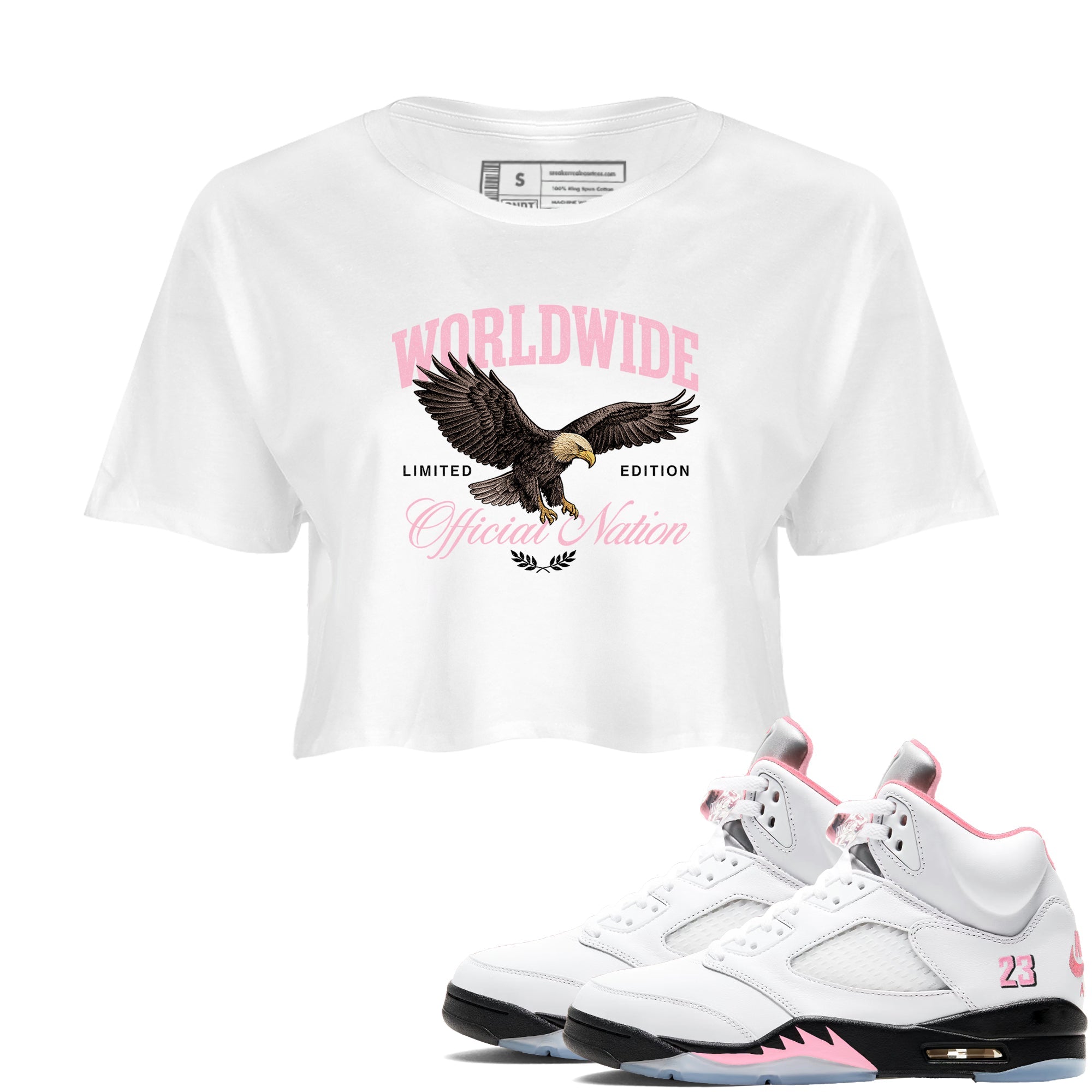 Sneaker Threads Sneaker Tees To Match Air Jordan 5 Medium Soft Pink Shoes Worldwide Official Nation Crop T-Shirt White 1