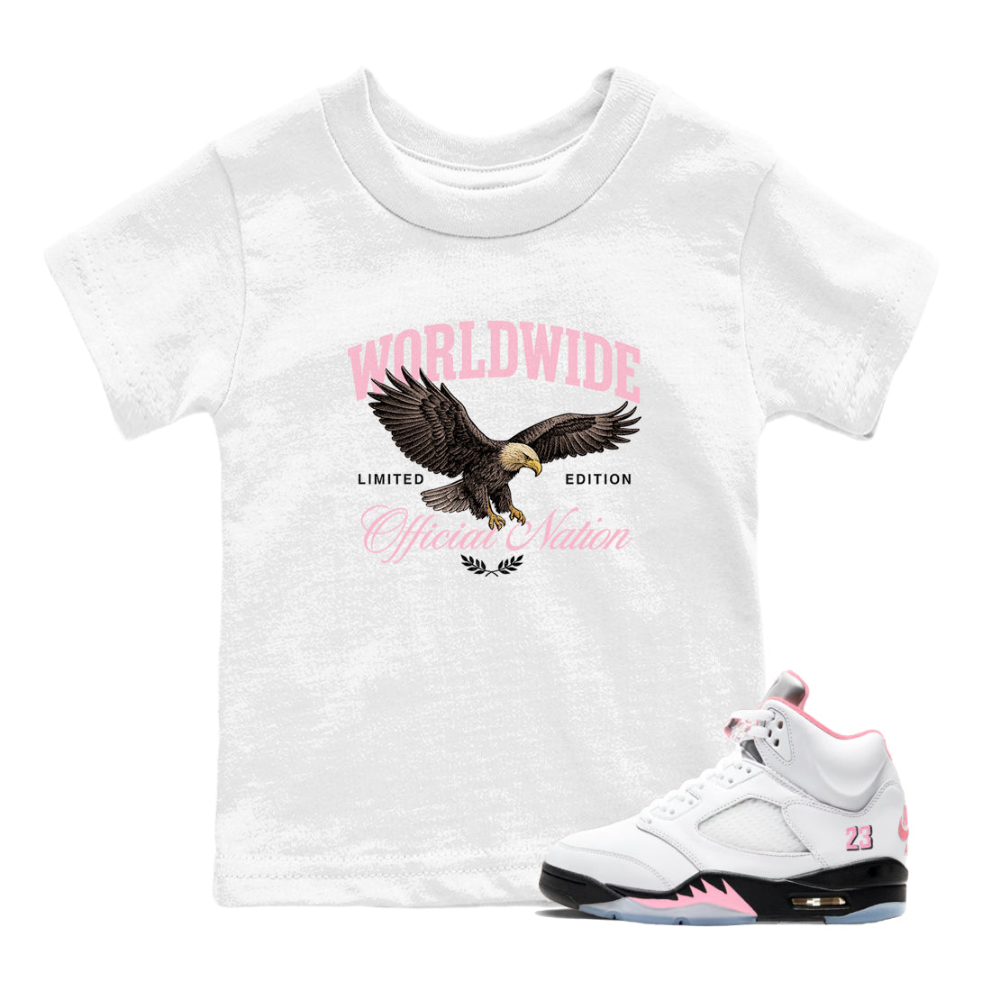Sneaker Threads Sneaker Tees To Match Air Jordan 5 Medium Soft Pink Shoes Worldwide Official Nation Kids T-Shirt White 1