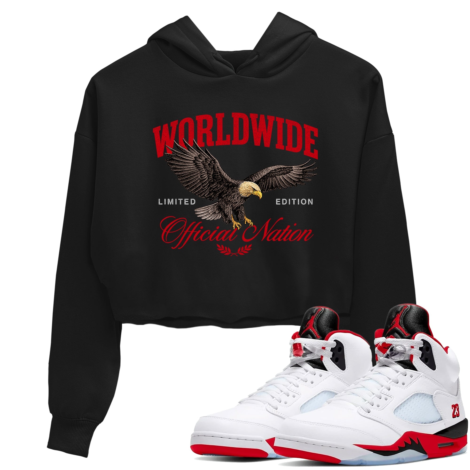 5s Fire Red Sneaker match tees  Sneaker Tees To Match Jordan 5 Retro Fire Red Sneakers  Worldwide Official Nation Crop Graphic T-Shirt Black 1