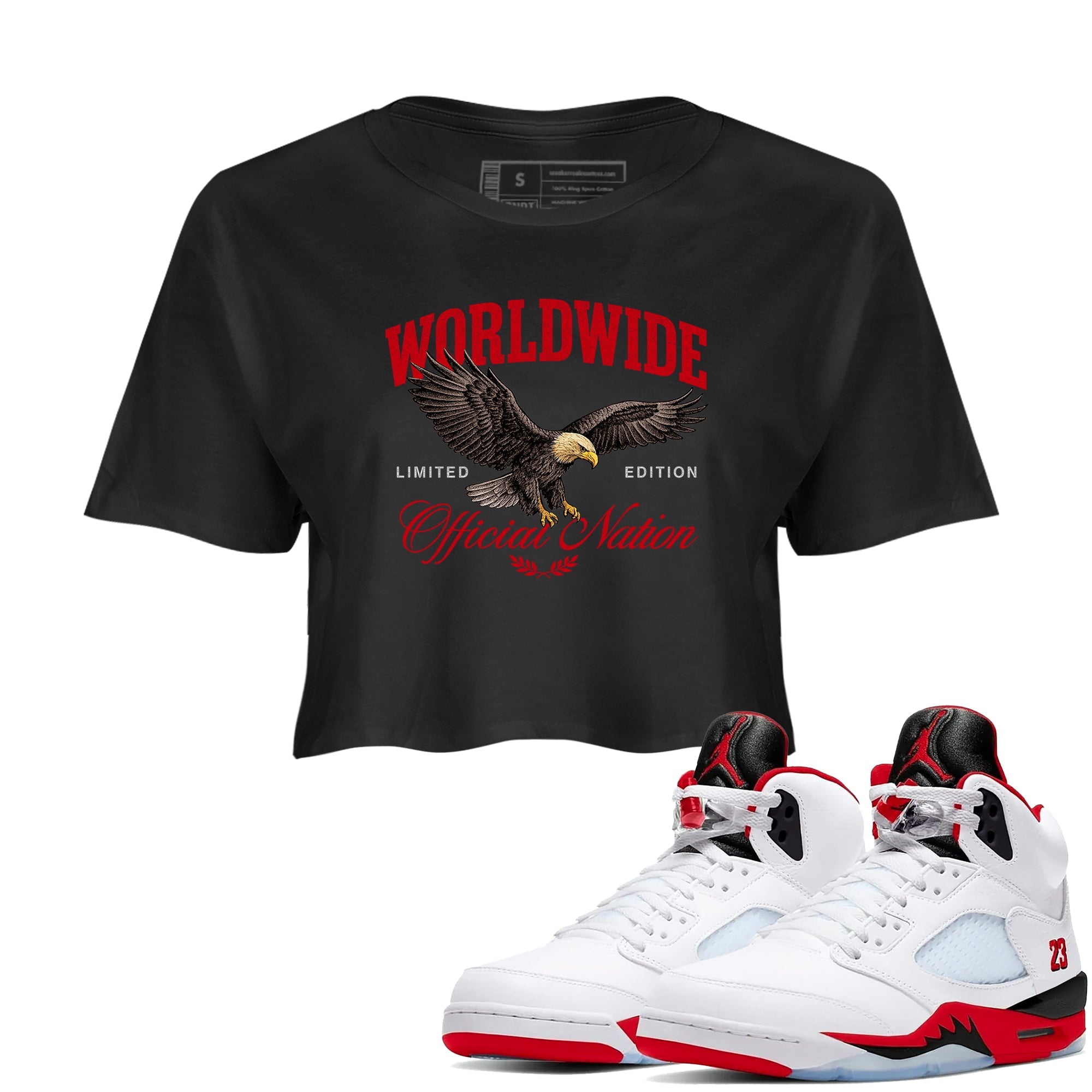 5s Fire Red Sneaker match tees  Sneaker Tees To Match Jordan 5 Retro Fire Red Sneakers  Worldwide Official Nation Crop Graphic T-Shirt Black 1