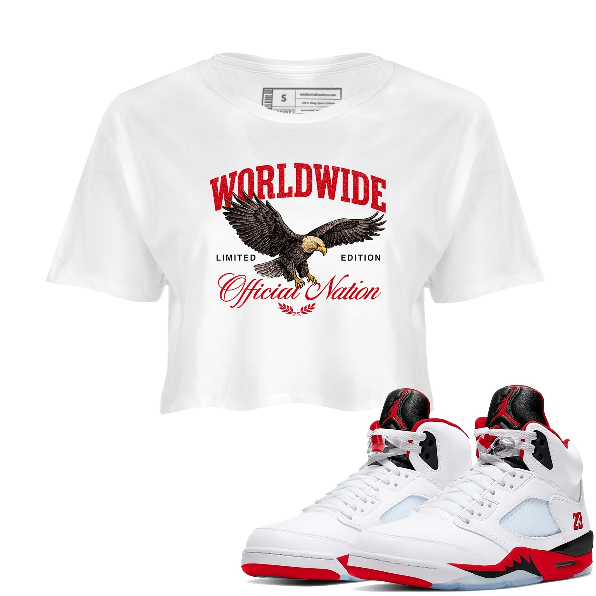 5s Fire Red Sneaker match tees  Sneaker Tees To Match Jordan 5 Retro Fire Red Sneakers  Worldwide Official Nation Crop Graphic T-Shirt White 1
