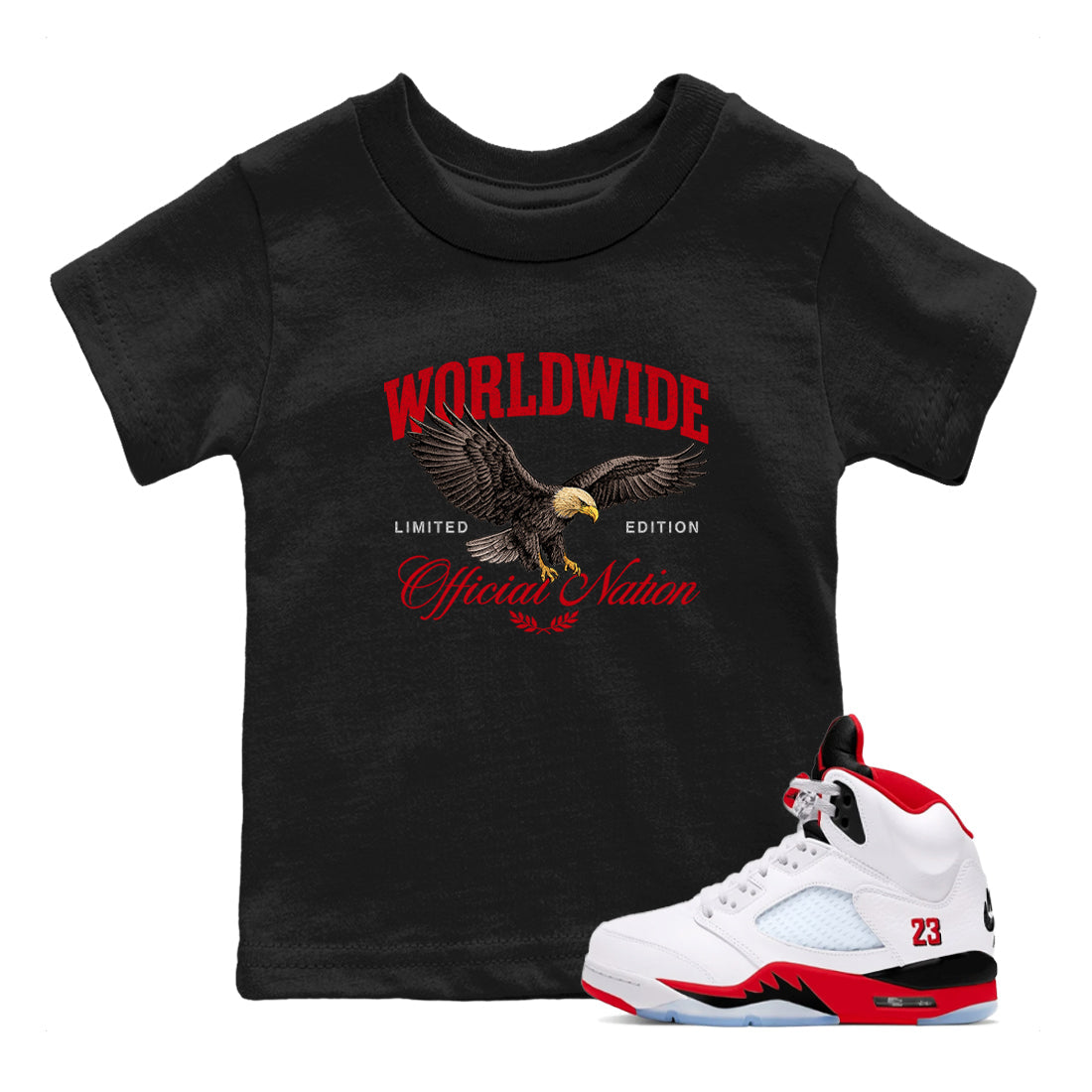 5s Fire Red Sneaker match tees  Sneaker Tees To Match Jordan 5 Retro Fire Red Sneakers  Worldwide Official Nation Kids Graphic T-Shirt Black 1