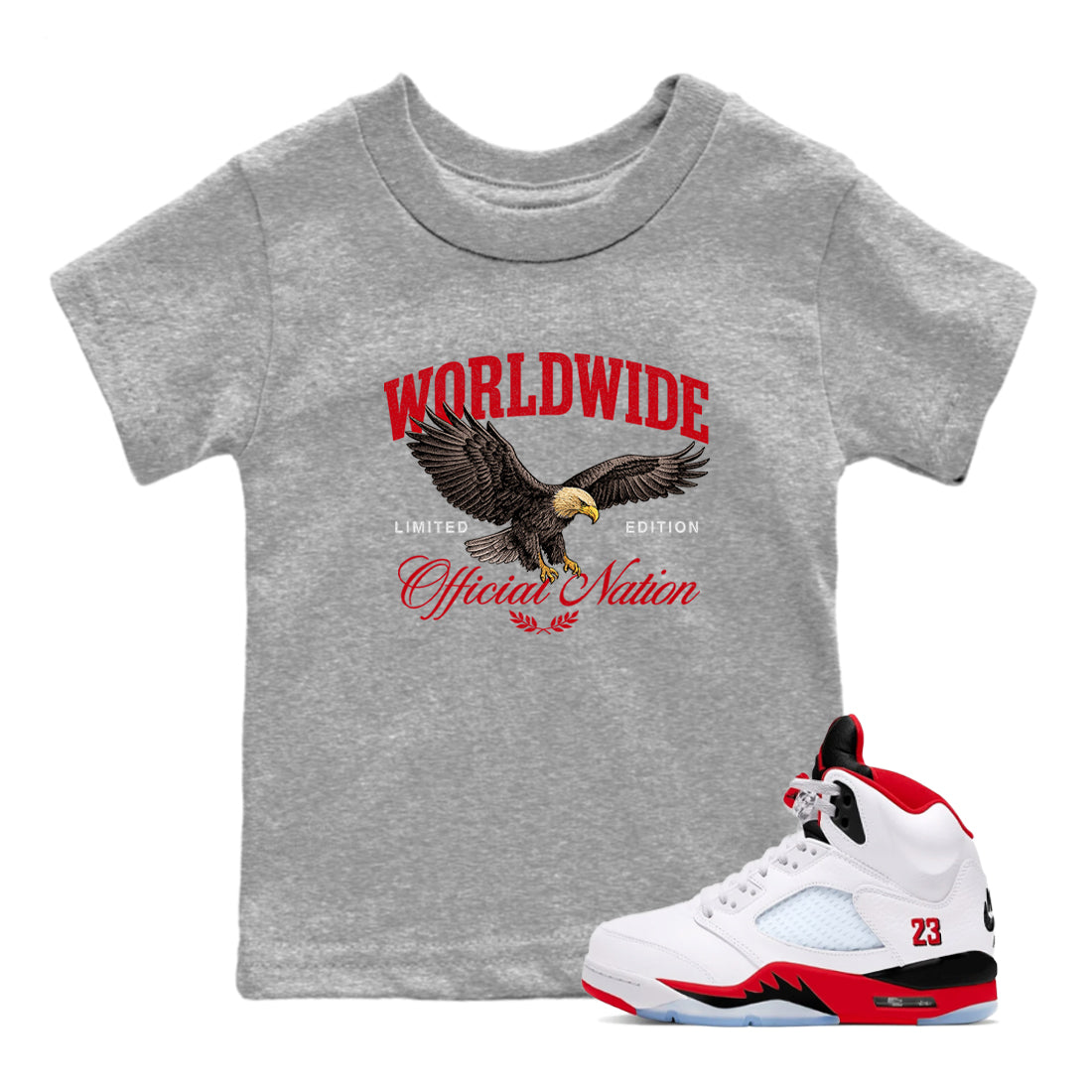 5s Fire Red Sneaker match tees  Sneaker Tees To Match Jordan 5 Retro Fire Red Sneakers  Worldwide Official Nation Kids Graphic T-Shirt Heather Grey 1