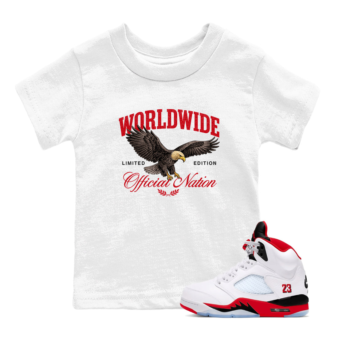 5s Fire Red Sneaker match tees  Sneaker Tees To Match Jordan 5 Retro Fire Red Sneakers  Worldwide Official Nation Kids Graphic T-Shirt White 1
