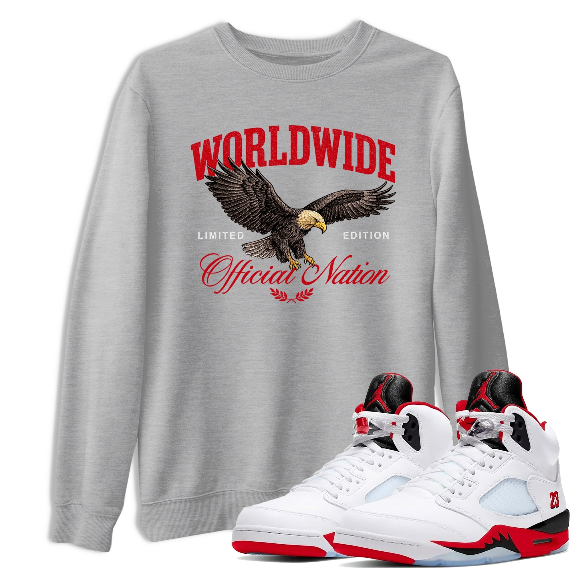 5s Fire Red Sneaker match tees  Sneaker Tees To Match Jordan 5 Retro Fire Red Sneakers  Worldwide Official Nation Graphic Tee Heather Grey 1