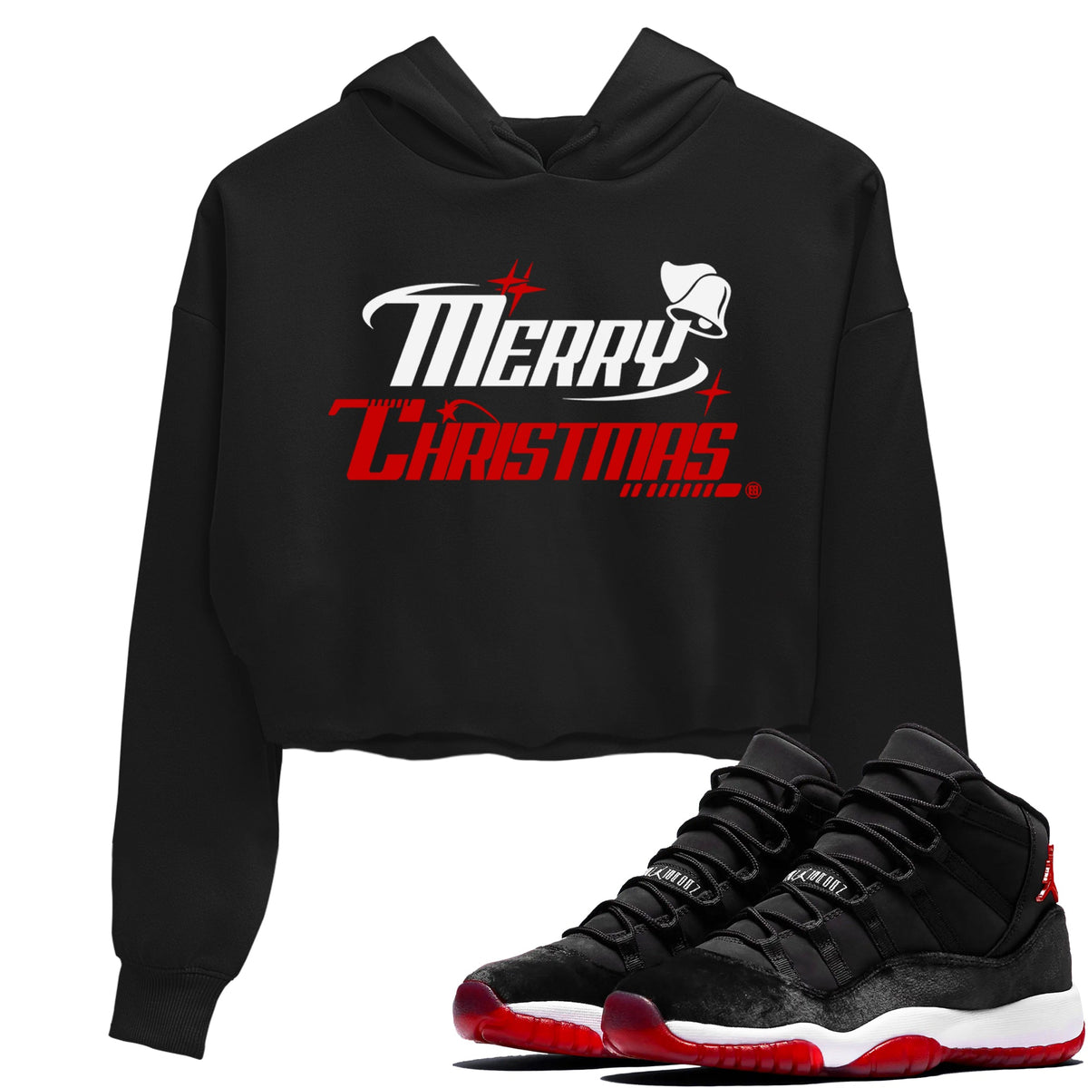 11s Bred Velvet shirts to match jordans Y2K Merry Christmas sneaker match tees Air Jordan 11 WMNS Bred Velvet match shoes to clothes Drip Gear Zone unisex cotton Black 1 crop tee