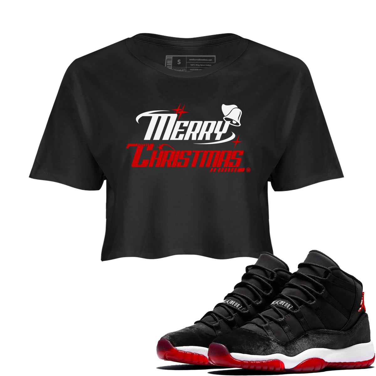 11s Bred Velvet shirts to match jordans Y2K Merry Christmas sneaker match tees Air Jordan 11 WMNS Bred Velvet match shoes to clothes Drip Gear Zone unisex cotton Black 1 crop tee