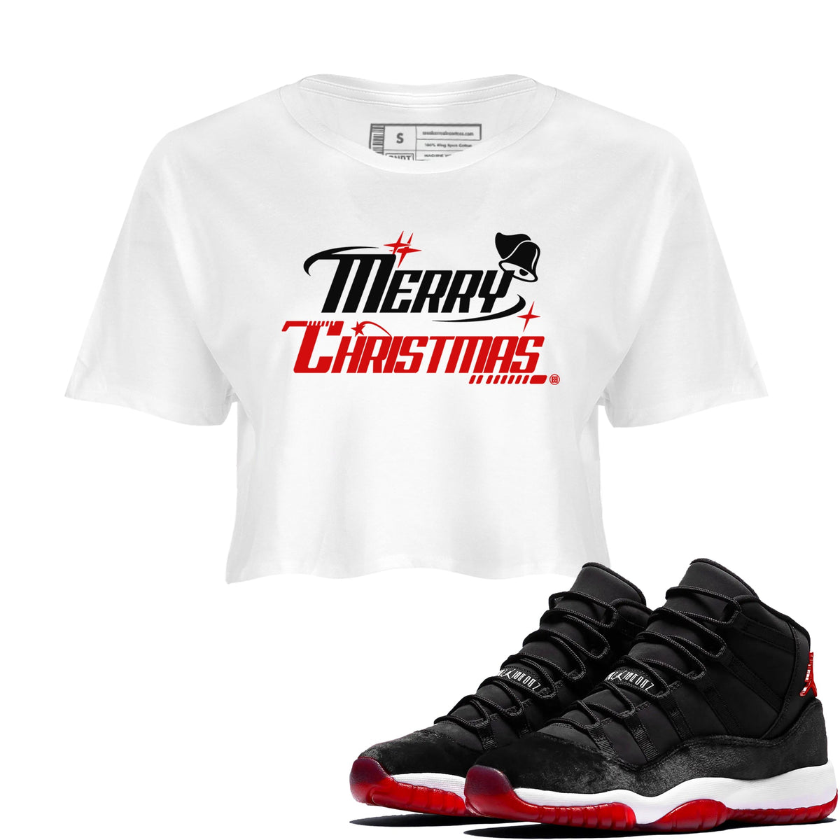 11s Bred Velvet shirts to match jordans Y2K Merry Christmas sneaker match tees Air Jordan 11 WMNS Bred Velvet match shoes to clothes Drip Gear Zone unisex cotton White 1 crop tee