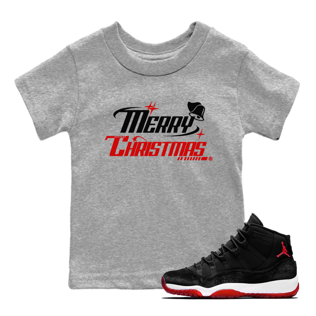 11s Bred Velvet shirts to match jordans Y2K Merry Christmas sneaker match tees Air Jordan 11 WMNS Bred Velvet match shoes to clothes Drip Gear Zone Youth Baby Heather Grey 1 tee
